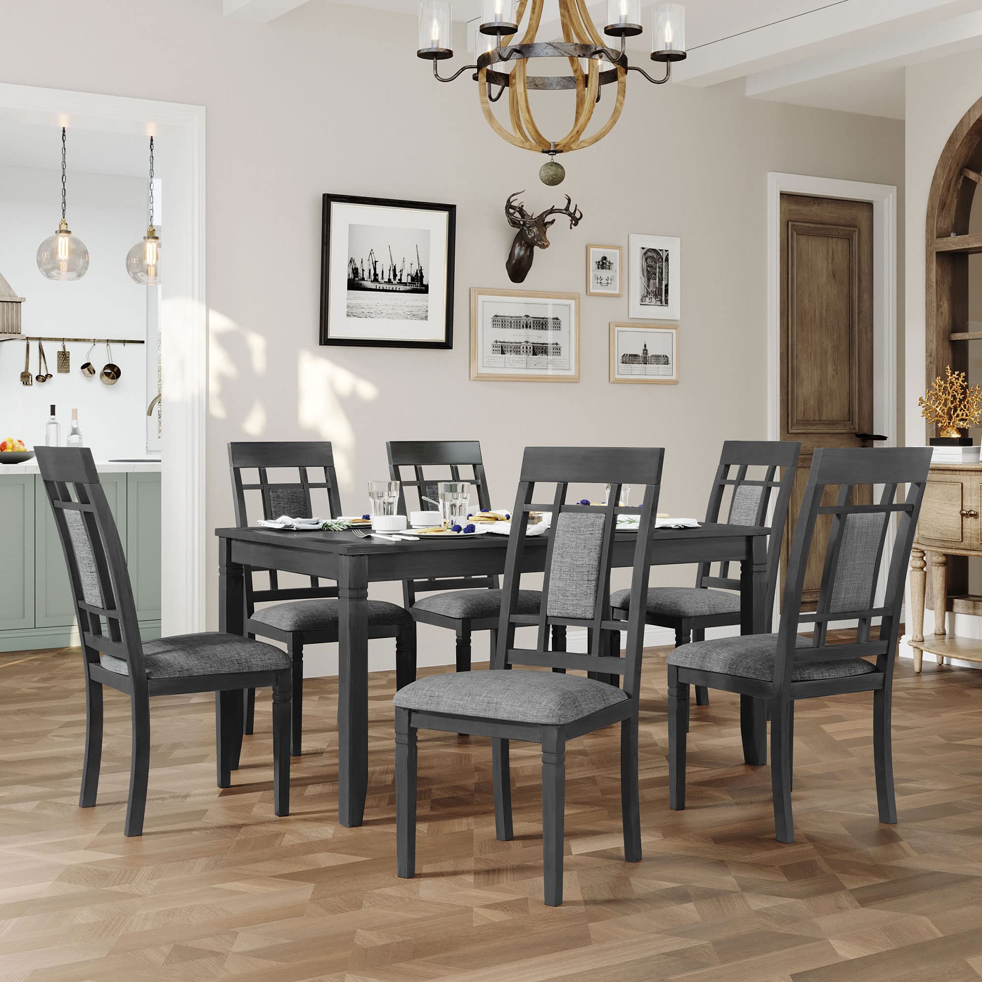 7-Piece Farmhouse Rustic Wooden Dining Table Set with 6 Chairs - Grey Kitchen Furniture for Dining Room, Restaurant & Home Decor | Perfect for Family Gatherings & Entertaining Guests
