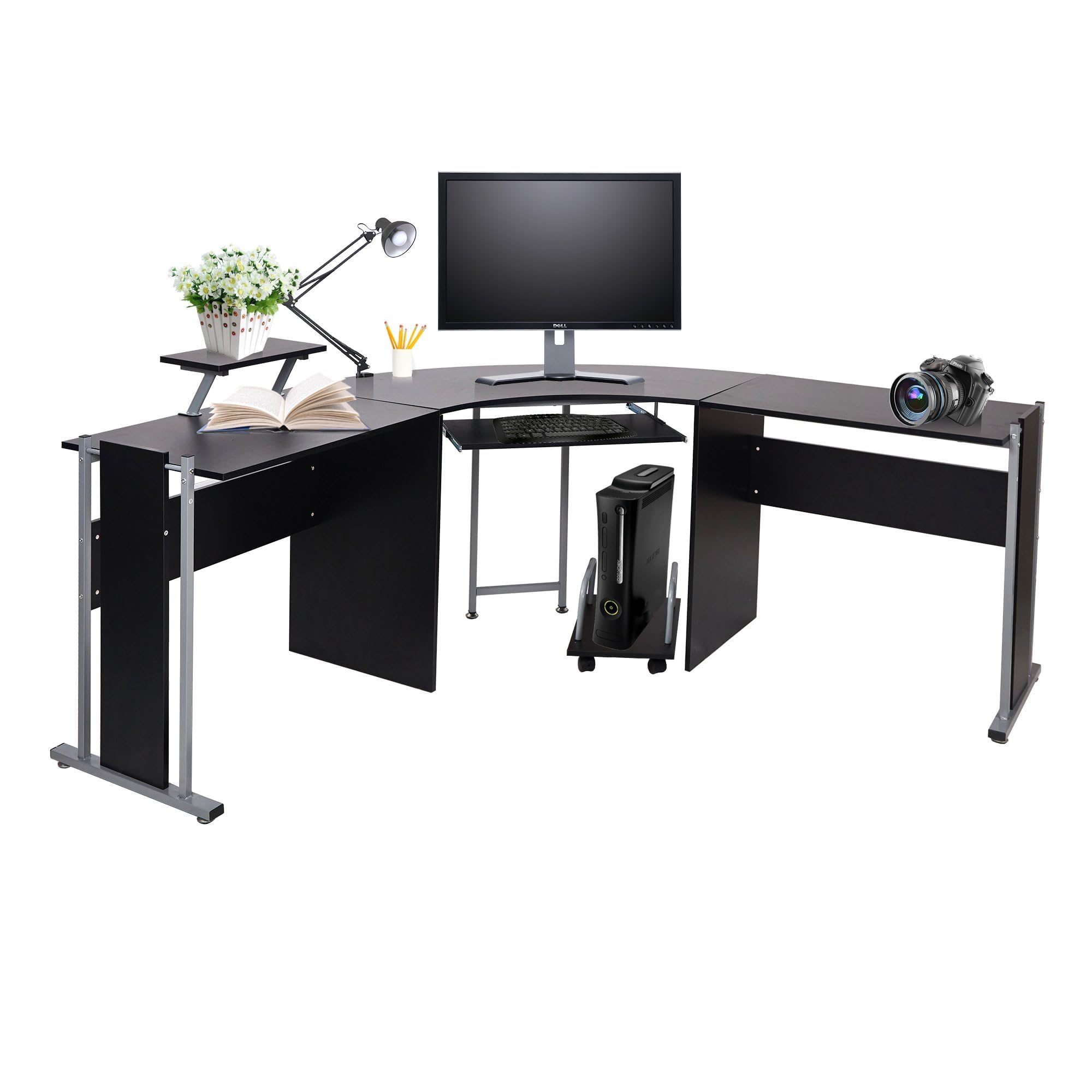 Modern L-Shaped Computer Desk Corner Workstation - 71.3x19.6x30.3 Inch Solid Wood Home Office Desk with Keyboard Tray (Black) | Perfect for Small Spaces, Gaming Setup & Remote Workstations