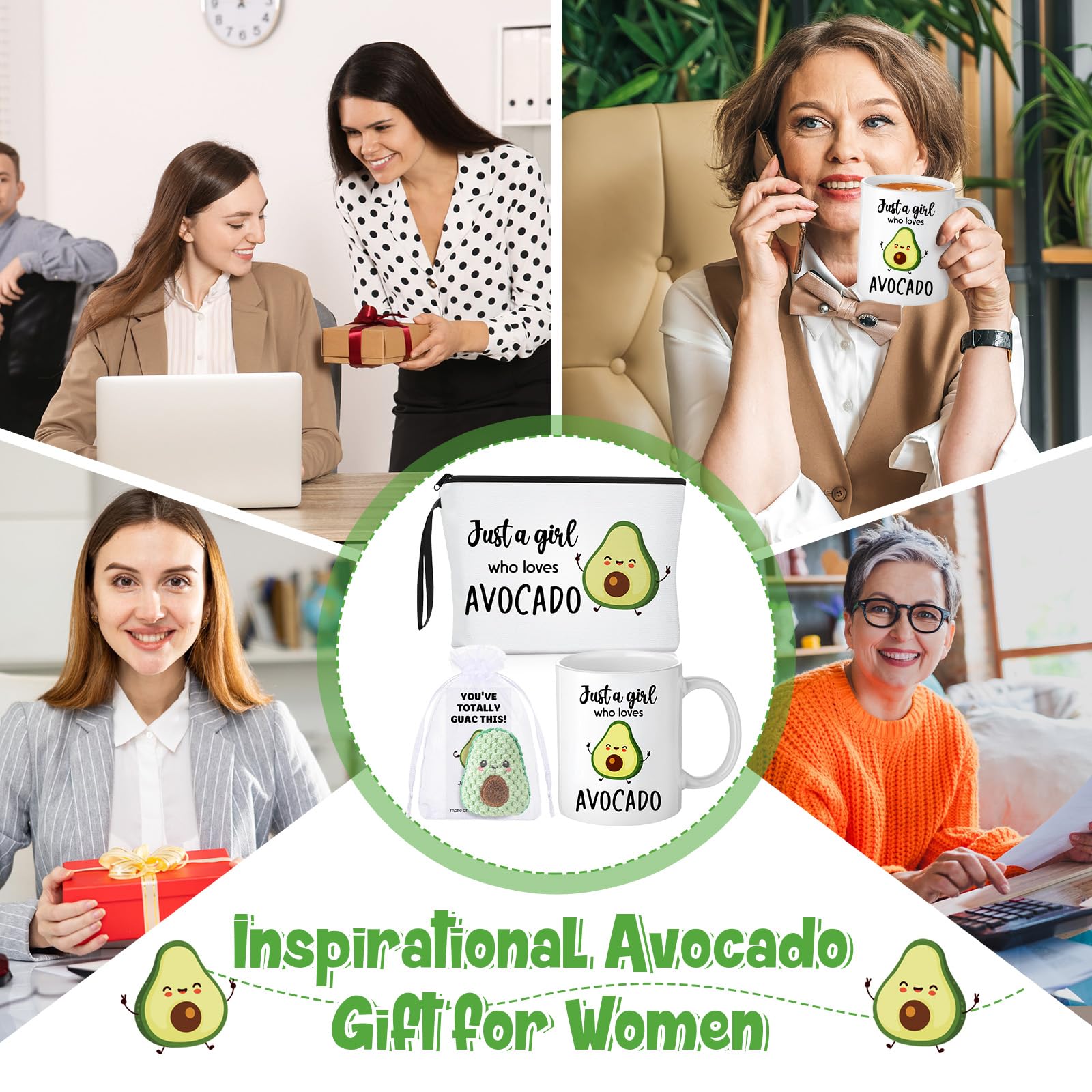 5 Pack Inspirational Avocado Themed Gifts Set - Funny Crochet Coffee Mug & Makeup Bag with Card for Women, Girlfriend, Employee - Perfect for Birthday, Baby Shower & Daily Use at Home/Office