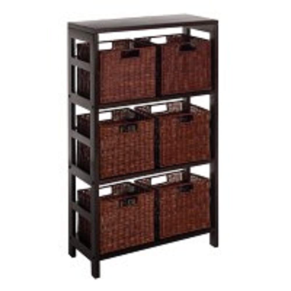 Modern 7-Tier Black & Brown Wooden Shelf with 6 Storage Baskets - 42 Inch Wide Organizer for Living Room, Bedroom, or Office Decor