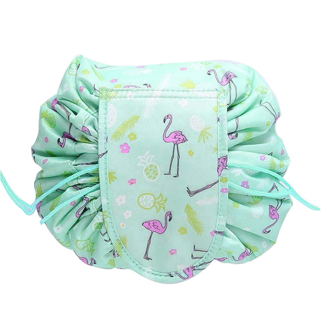 Portable Round Cosmetic & Toiletry Storage Bag - Multifunctional Travel Organizer for Makeup, Skincare, Jewelry (Light Green Pink Flamingo Print) - Perfect for Vacation, Gym, Beach & Daily Use
