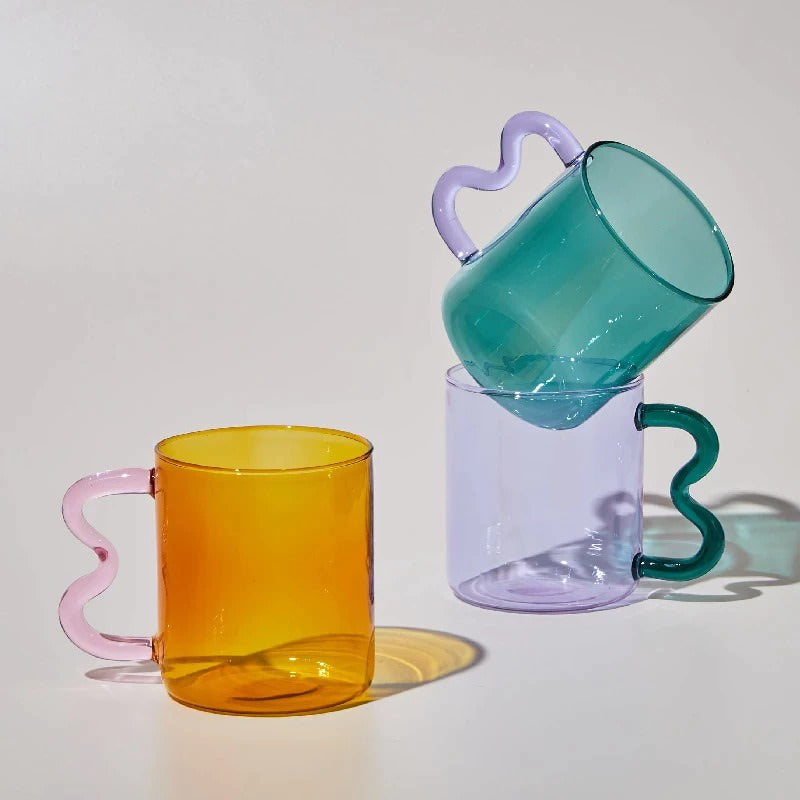 Pastel Glass Wavy Handle Coffee Mug - 14oz Aesthetic Drinking Cup for Tea, Coffee & Hot Chocolate - Perfect for Home, Office & Gift Giving