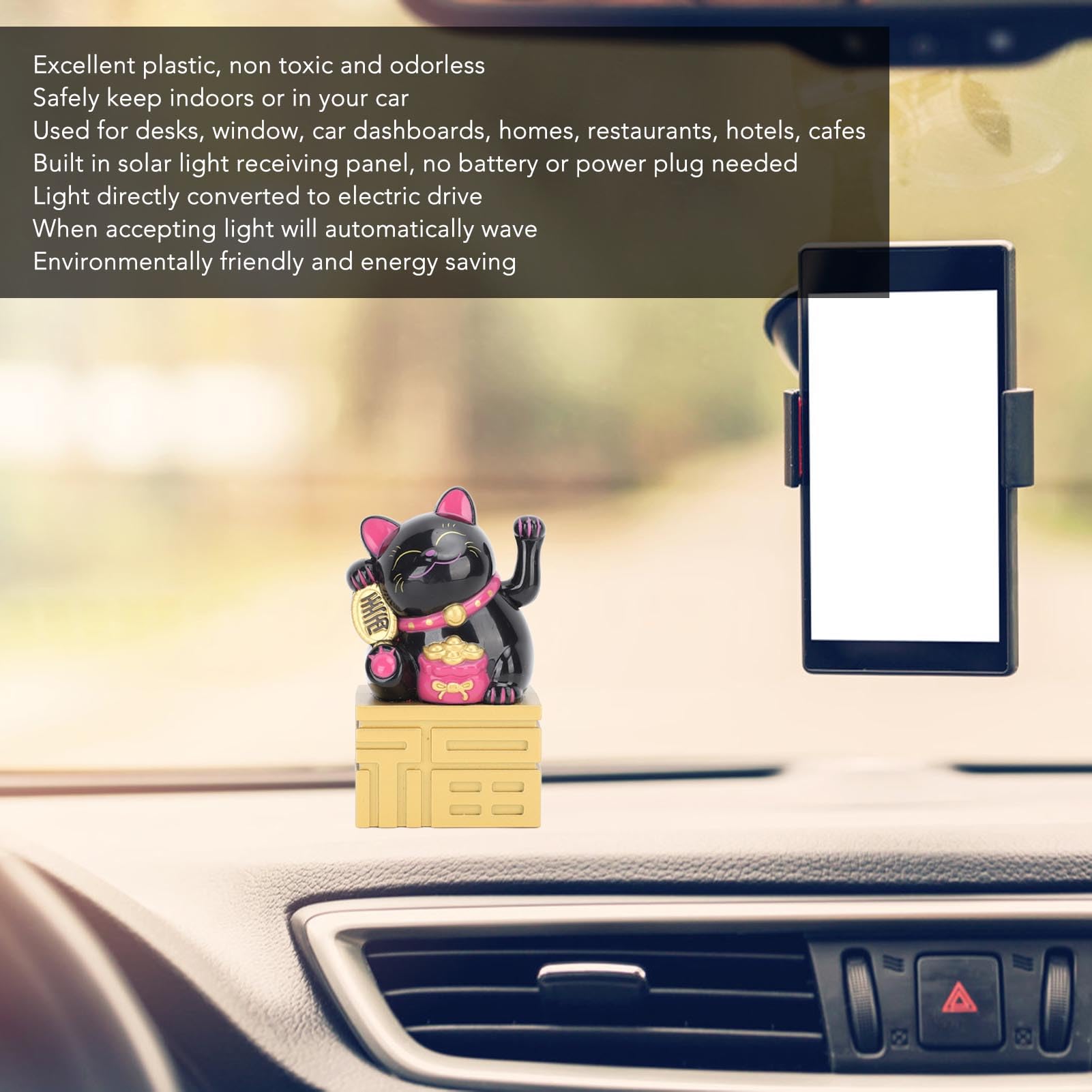Solar Powered Waving Arm Smiling Cat - Black Solar Panel Fortune Cat Decoration for Car Dashboard, Home, Office & Garden Decor | Cute Gift Idea for Cat Lovers