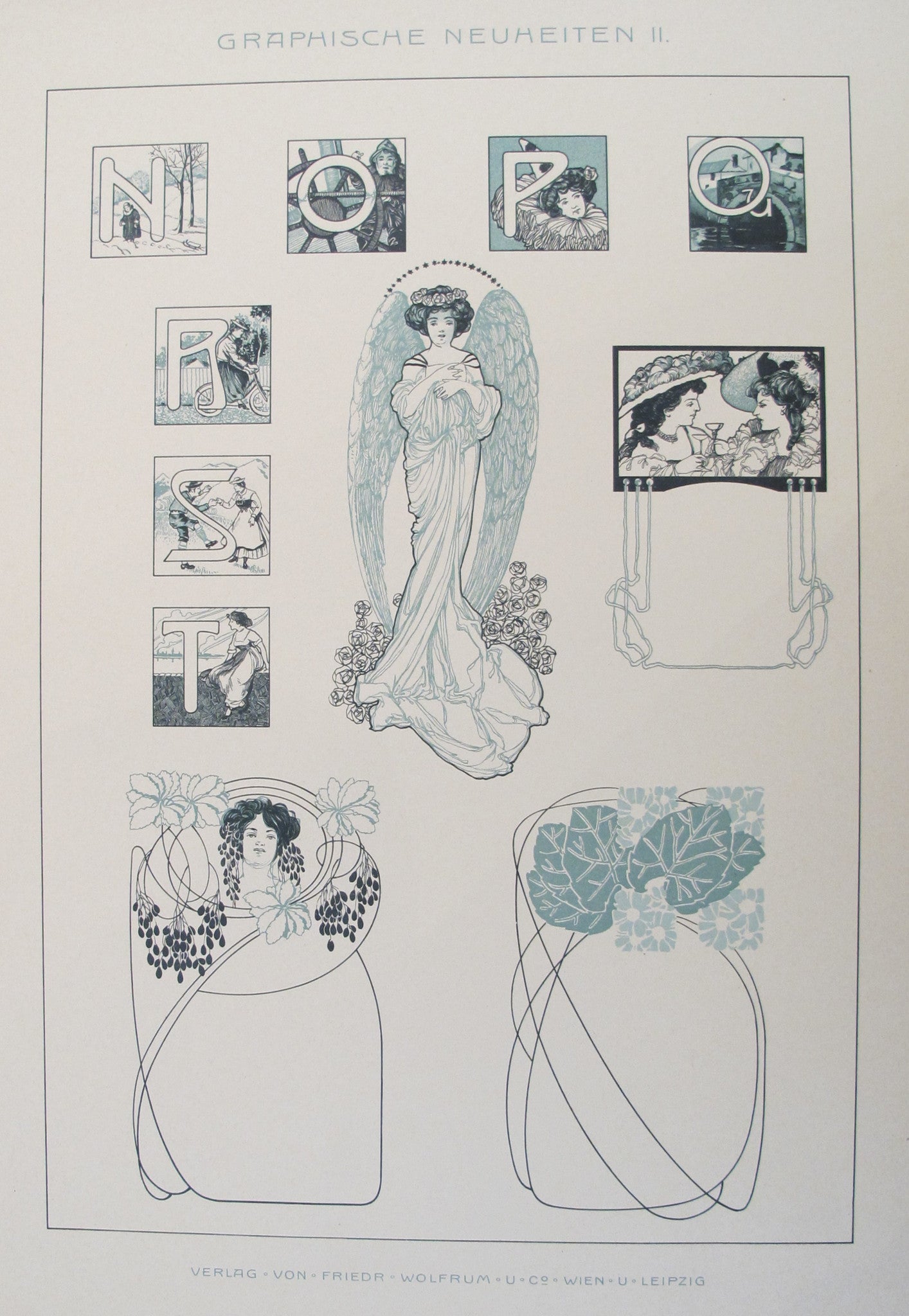 1900 Original German Art Nouveau Poster - Graphische Neuheiten Verdigris Ladies #307 - Vintage Home Decor & Art Collection Display