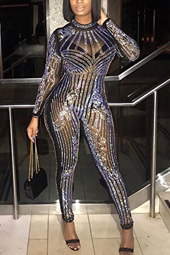 JEYKAY Women's Sexy Mesh See-Through Rhinestone Pantsuit - Geometric Tattoo Design Clubwear Jumpsuit for Party & Night Out (Black, Large) | Perfect for Cocktail Parties, Clubbing, and Festive Occasions
