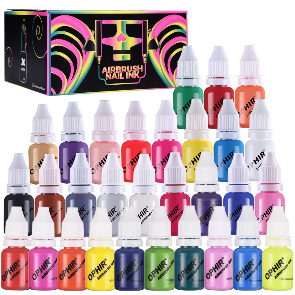 OPHIR 30 Colors Nail Art Ink Set - Airbrush & Acrylic Paint for Nails, Crafts, Model Hobbies & Shoe Painting | 10ML/Bottle Professional Nail Pigments | Perfect for Salon, DIY Nail Art & Creative Projects