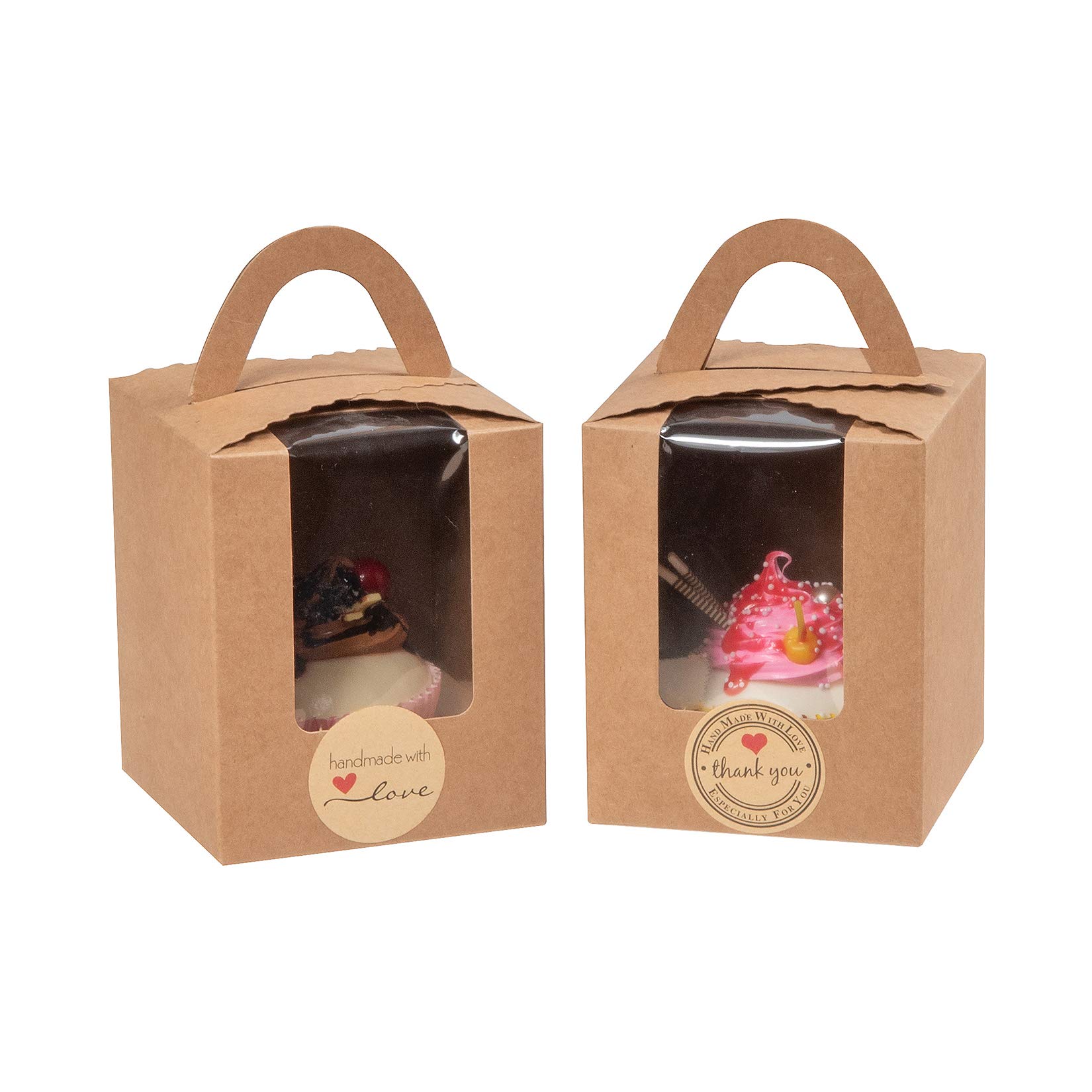 iHomeCooker 25-Piece Single White Cupcake Containers with Window Inserts & Handle - Elegant Wedding Candy Gift Boxes (25P-Handle-Brown) | Perfect for Party Favors, Baby Showers & Birthday Celebrations