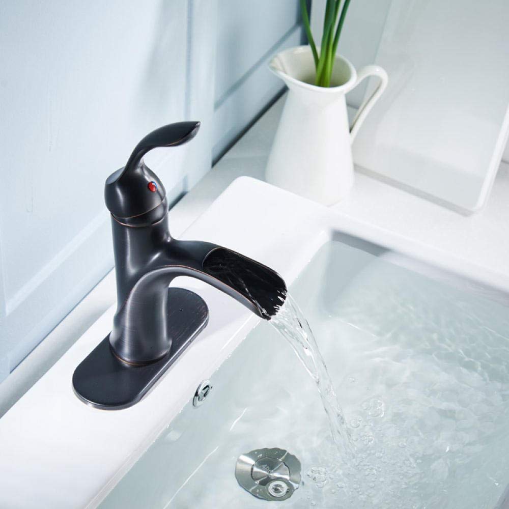Gougeltd Single Handle Waterfall Bathroom Sink Faucet - Deck Mounted Brass Vanity Mixer Tap with Oil Rubbed Bronze Finish for Modern Bathroom & Powder Room Decor
