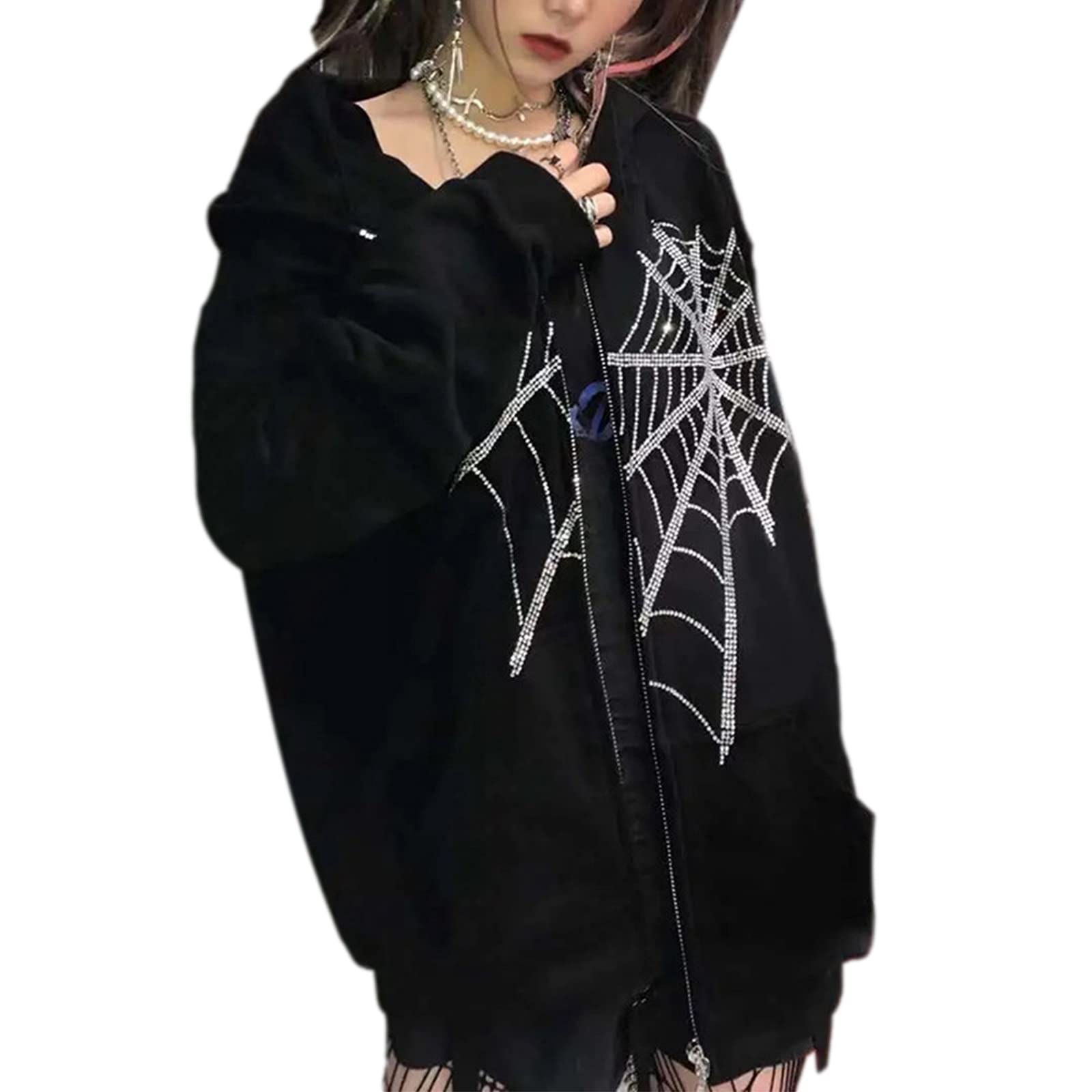 Tsnbre Women's Oversized Rhinestone Spider Web Print Zip Up Sweatshirt | Y2K Streetwear Jacket | Halloween Costume & Casual Outfit