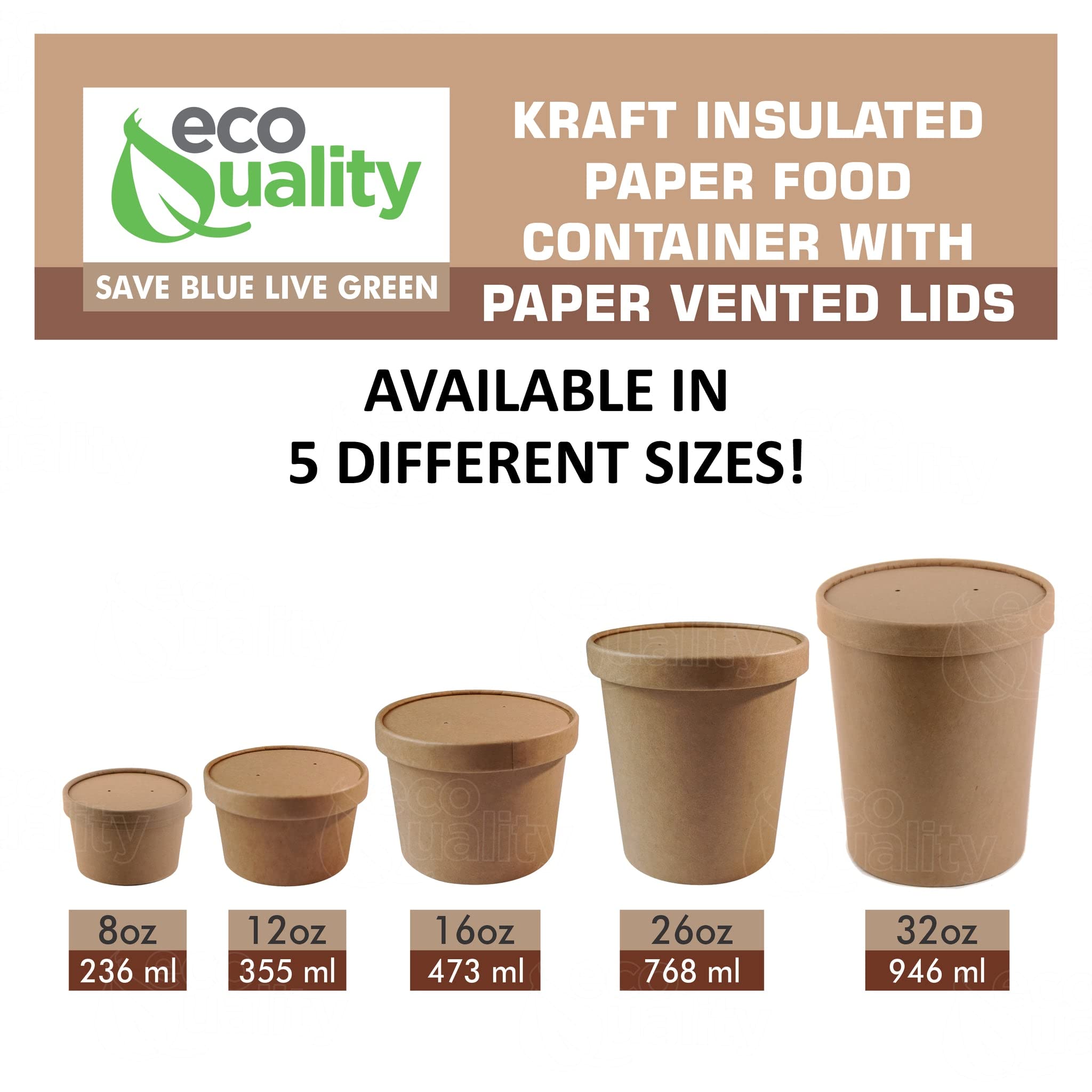 EcoQuality [150 Pack] 16 oz Disposable Kraft Paper Soup Containers with Vented Lids - Microwave Safe, Recyclable Food Storage Containers for Ice Cream, Frozen Yogurt, Takeout & Restaurant Use - Perfect for Catering, Parties and Food Delivery Services