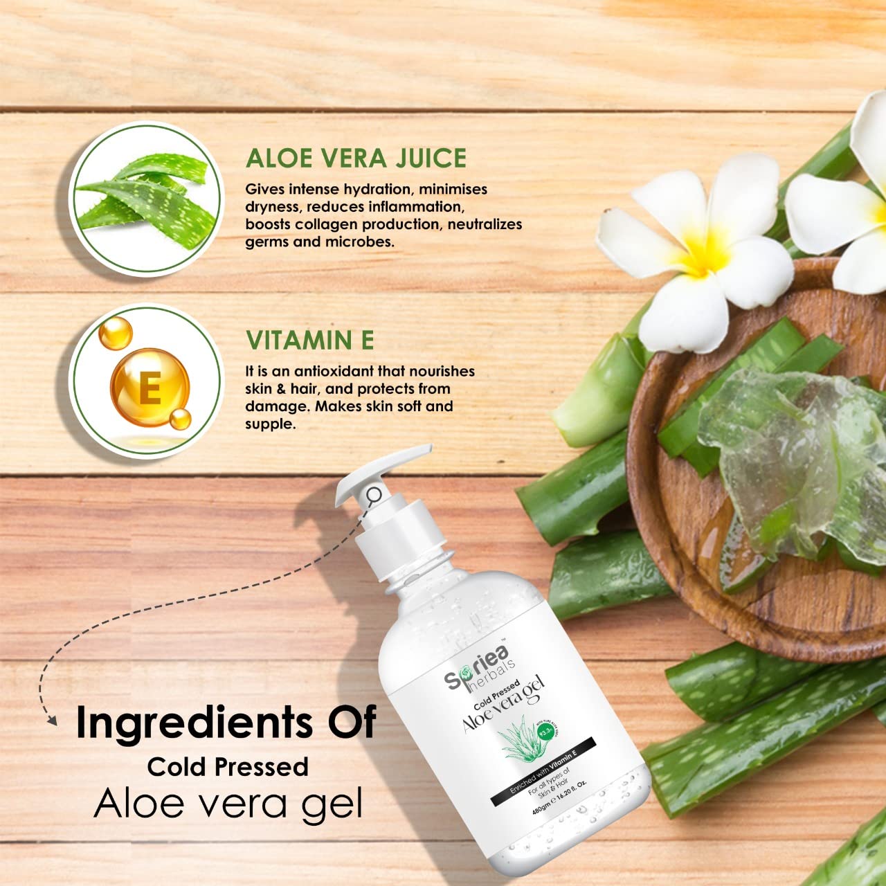 Spriea Herbals Cold Pressed Aloe Vera Gel for Face & Hair - 100% Pure Aloe with Vitamin E - Paraben & Sulfate Free (480g) - Soothes Sunburn, Hydrates Skin & Conditions Hair