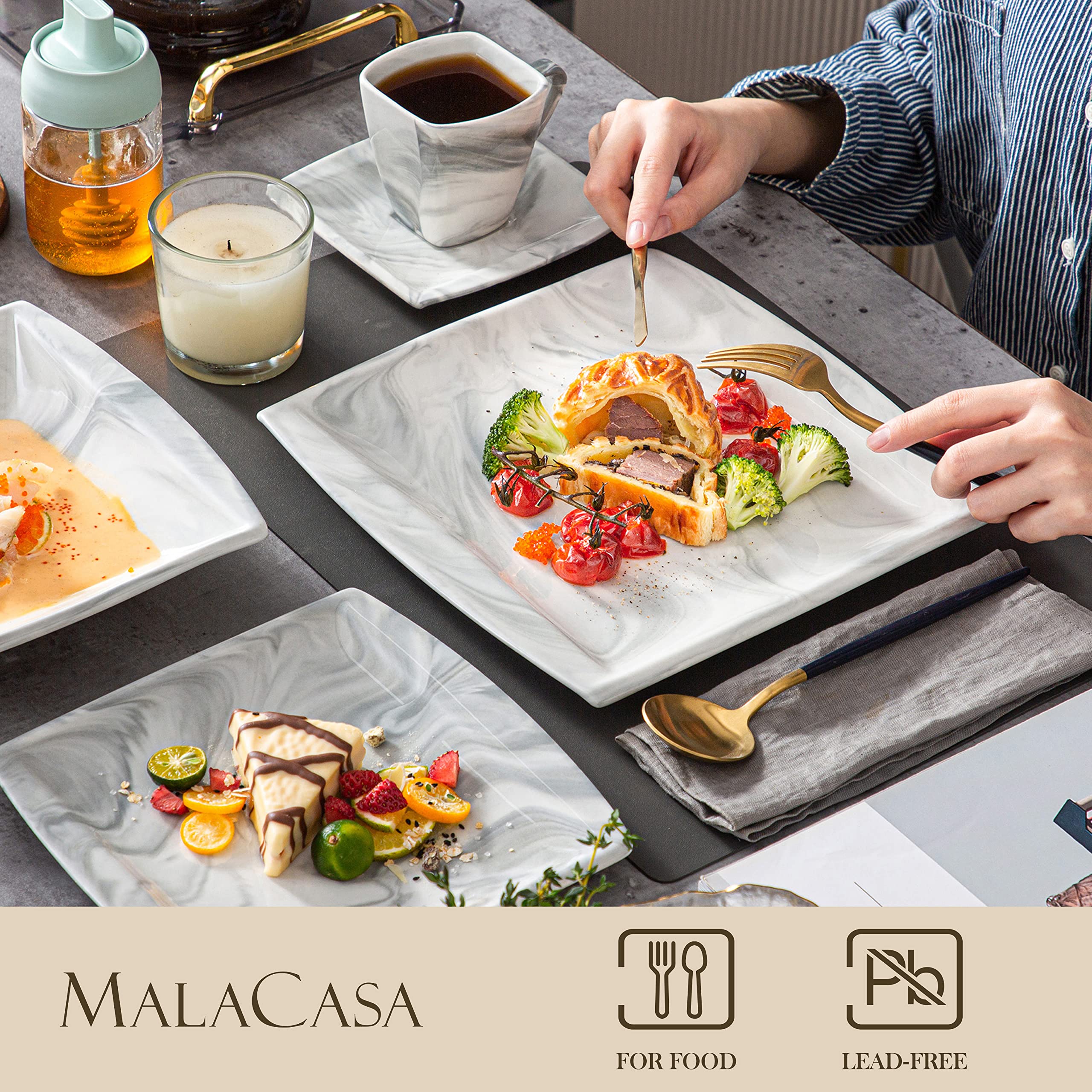 MALACASA 30-Piece Square Porcelain Dinnerware Set for 6 - Marble Grey Plates & Bowls with Dinner Plates, Dessert Plates, Soup Bowls, Cups & Saucers | Dishwasher & Microwave Safe, Blance Series | Perfect for Family Dinners, Dinner Parties & Restaurant Use