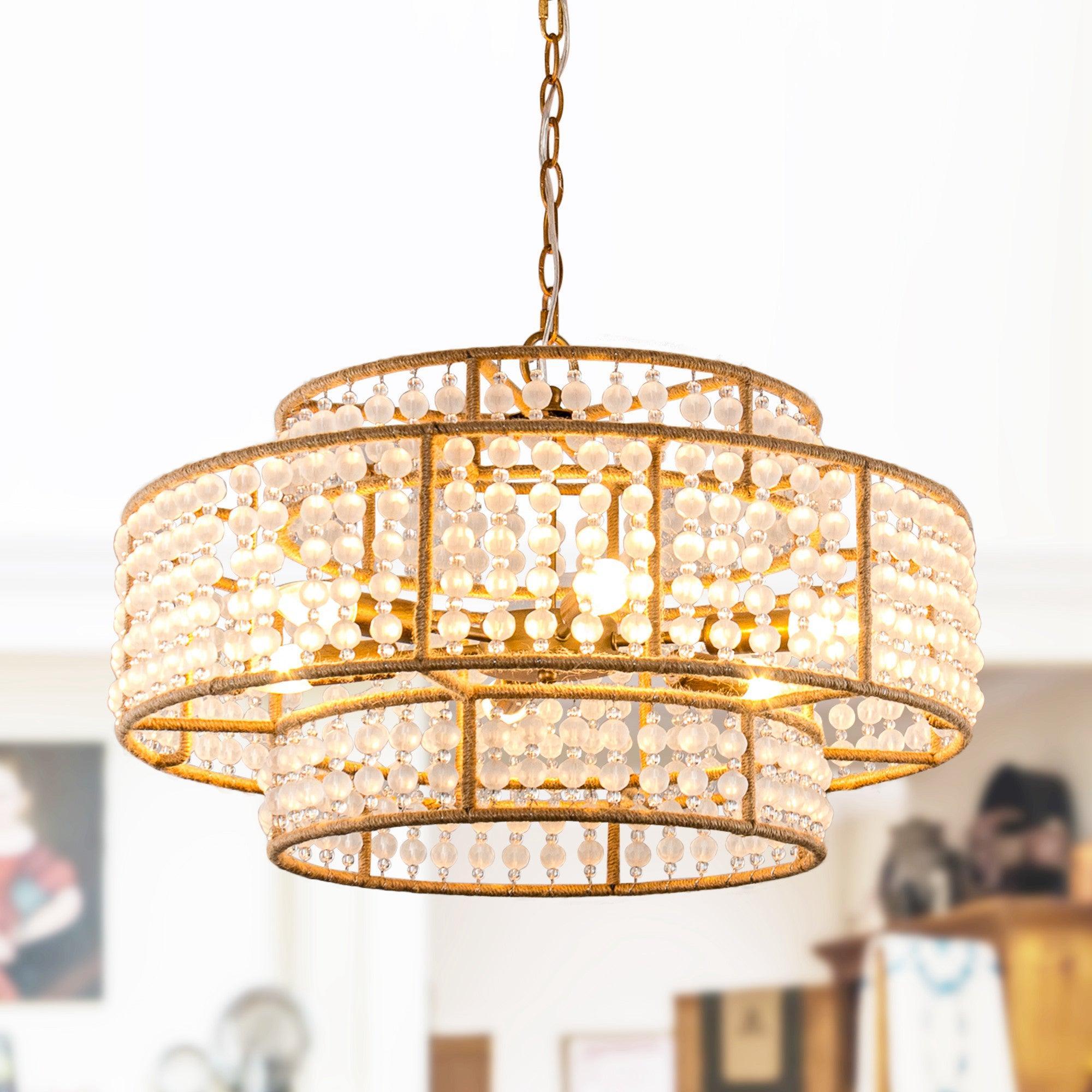 6-Light Antique Gold Farmhouse Drum Beaded Chandelier with Rope Accents - Rustic Ceiling Lighting Fixture for Dining Room, Bedroom, or Kitchen Decor
