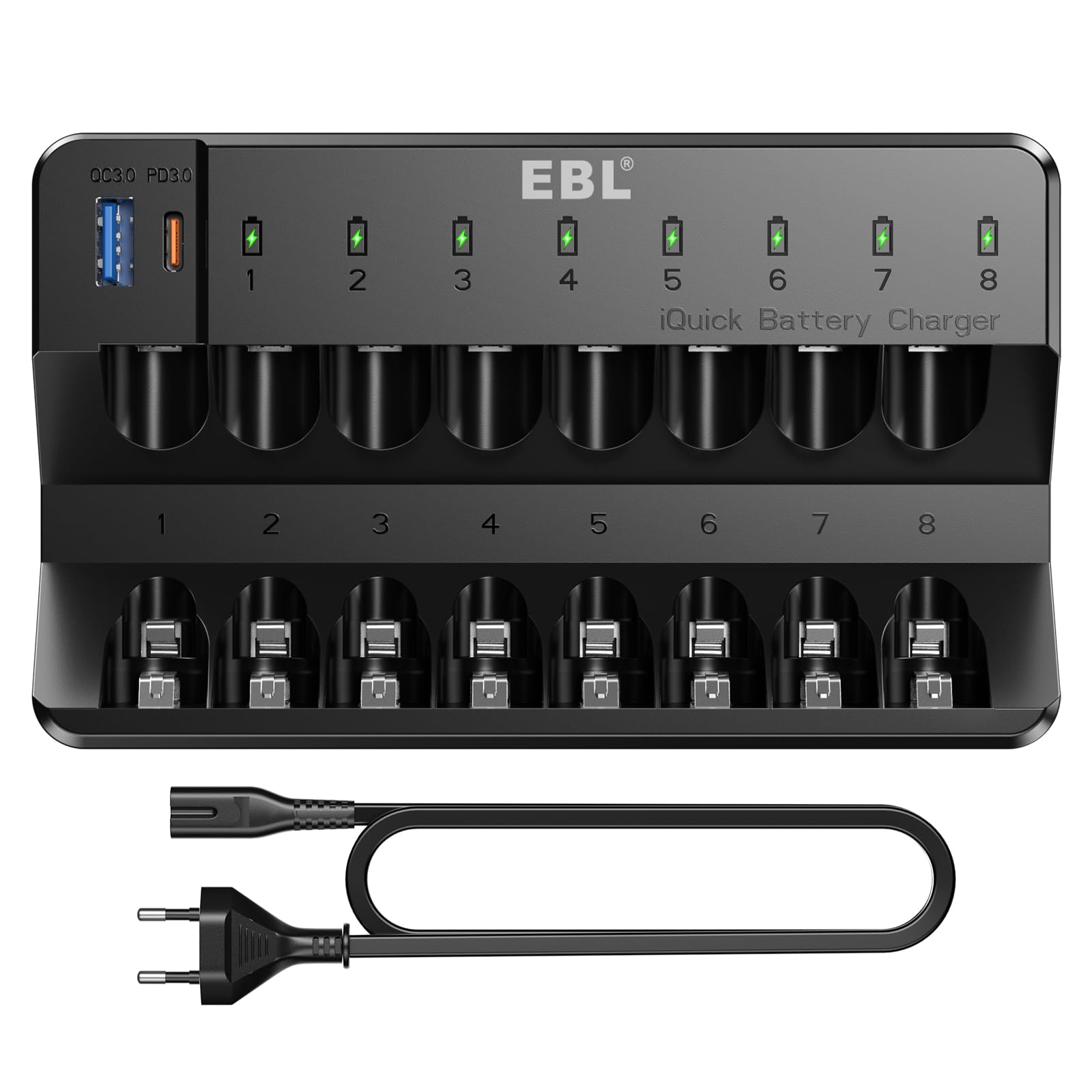 EBL iQuick 8-Slot Fast Battery Charger for AA AAA NiMH NiCD Rechargeable Batteries with 20W USB-C & USB-A Output - Perfect for Cameras, Gaming Controllers & Smart Home Devices