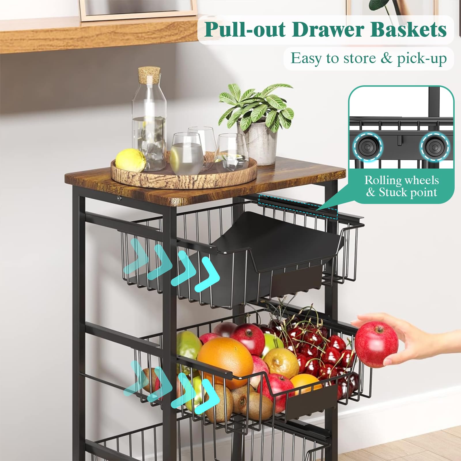 4-Tier Rolling Kitchen Cart with Pull-Out Baskets & Wood Top - Space Saving Storage for Fruits, Vegetables, Pantry Items - Perfect for Kitchen, Dining Room, Small Apartment Organization