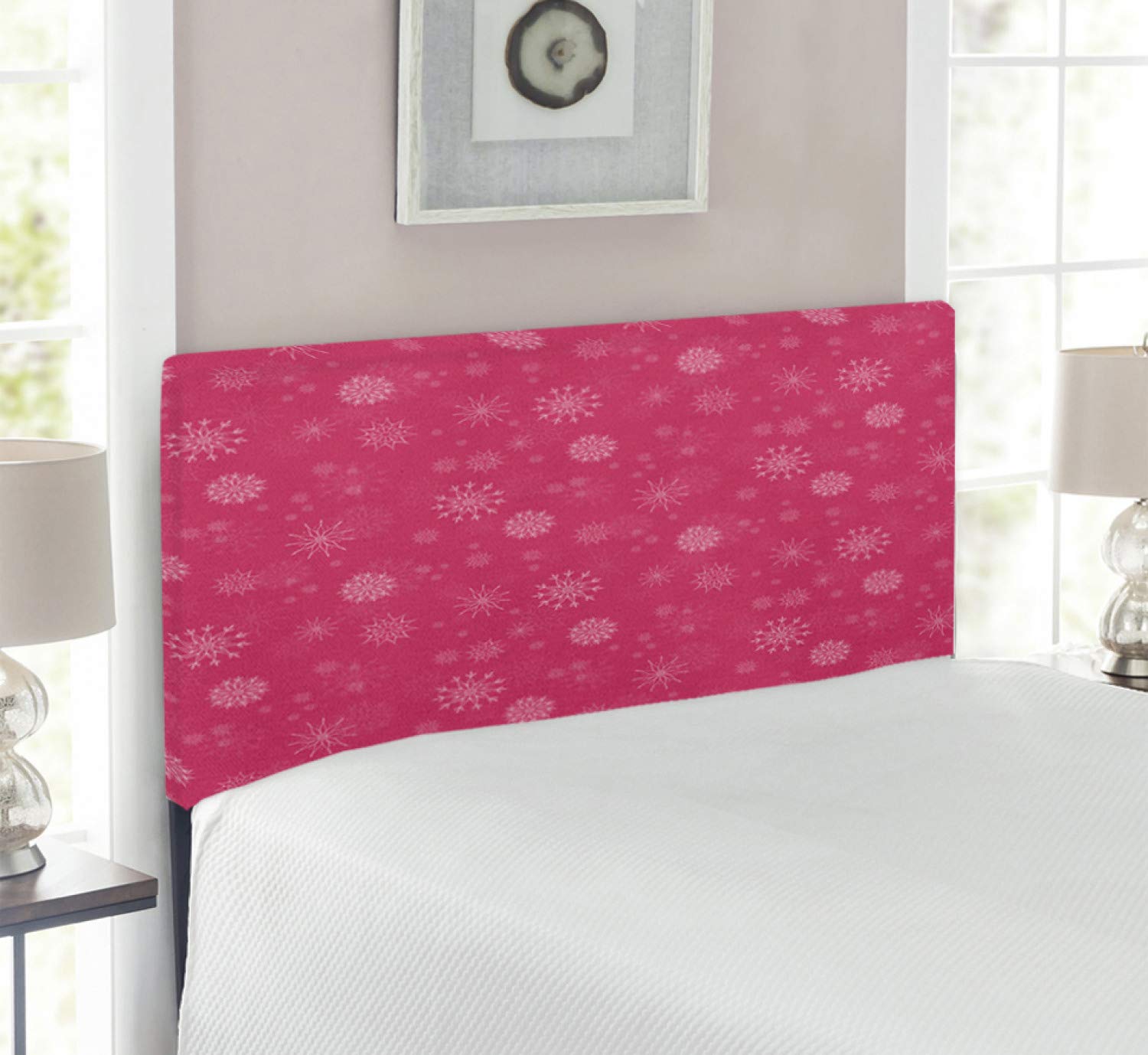 Ambesonne Winter Headboard - Soft Pink & White Snowflake Design, Upholstered Metal Bed Frame with Memory Foam, Twin Size | Romantic Feminine Decor for Cozy Bedroom, Seasonal Home Decoration