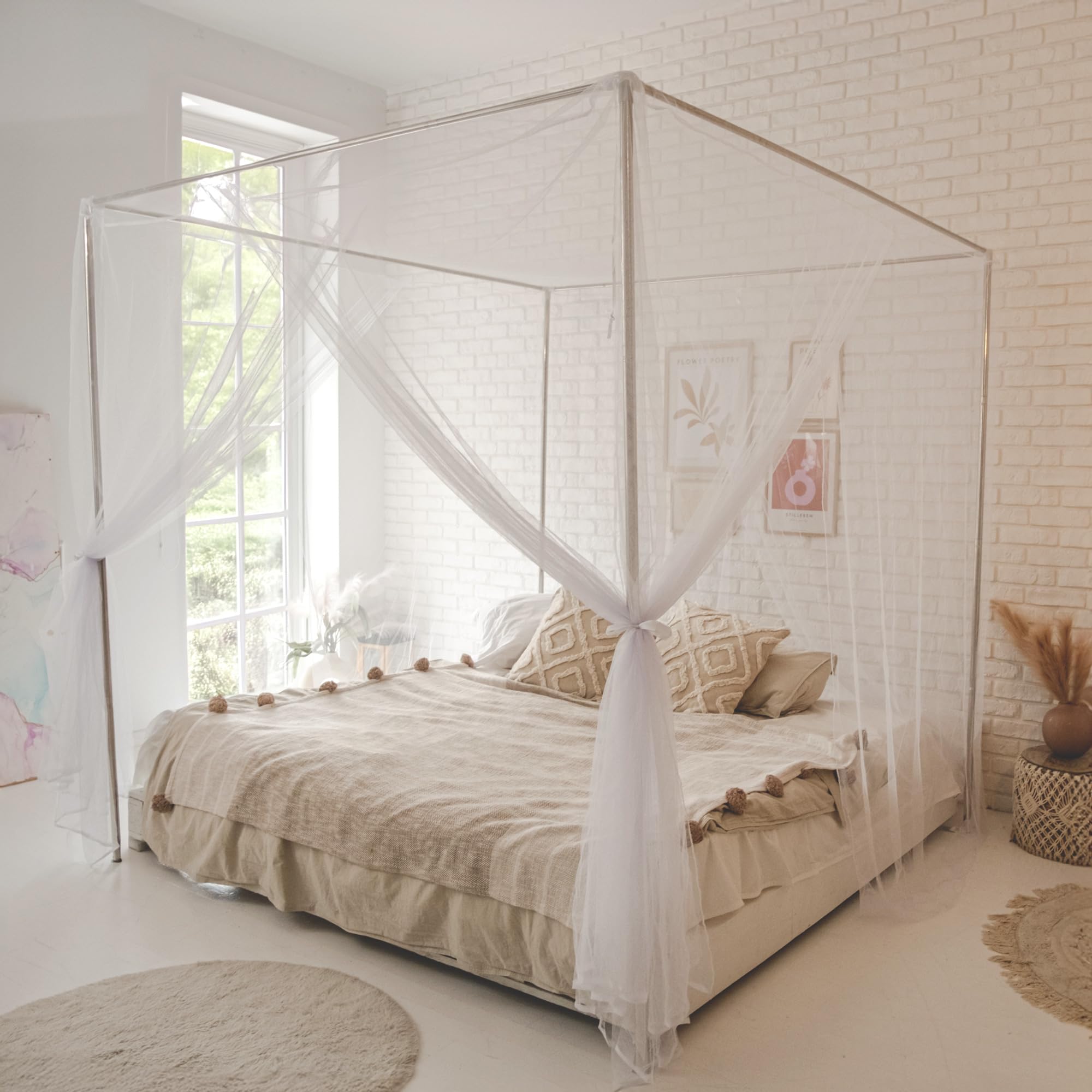 White Canopy Bed Curtains with LED Lights - Romantic Ceiling or Bed Frame Drapes for Girls & Adults | Fits Single/Full/Double/Queen Beds | Perfect for Princess Bedroom Decor, Wedding Nights & Cozy Reading Nooks