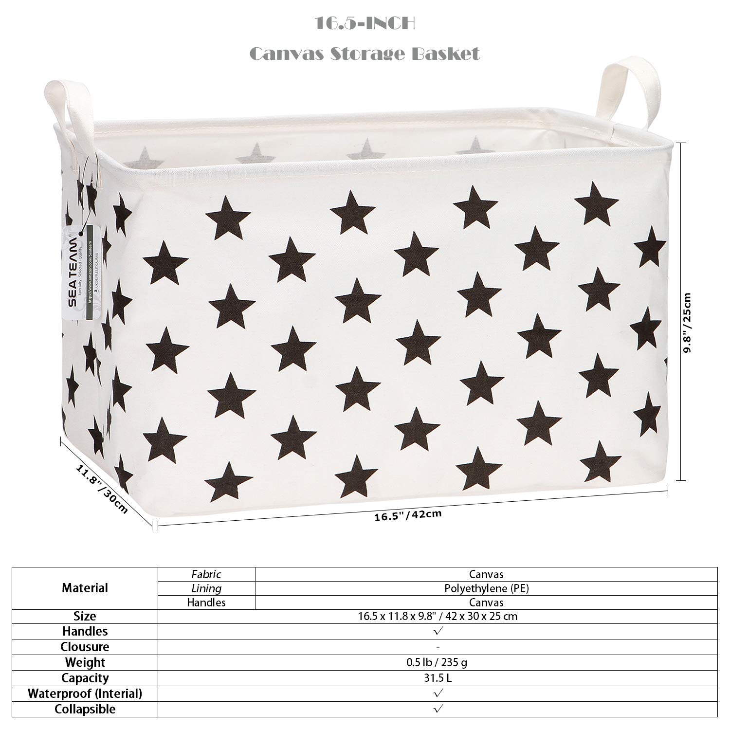 Collapsible Canvas Storage Basket with Handles - 16.5 x 11.8 x 9.8 Inch Foldable Waterproof Fabric Bin for Closet, Shelf & Home Organization - Black Star Pattern (Perfect for Bedroom, Bathroom & Kids Room Storage)