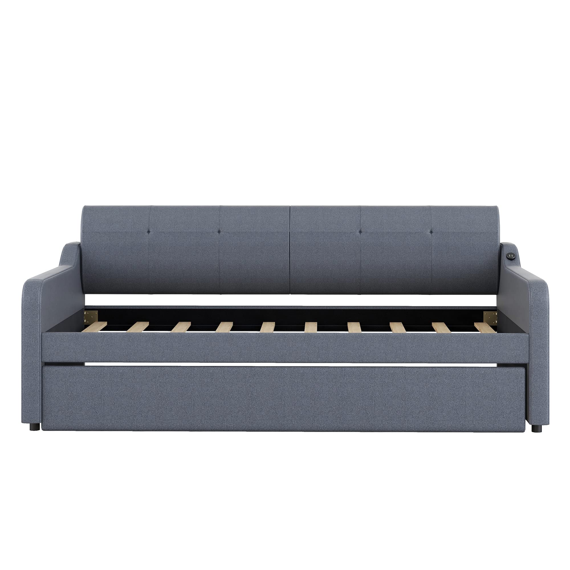 Merax Twin Size Upholstered Daybed with Trundle & USB Charging - Convertible Sofa Bed with Adjustable Backrest (Flat or Elevated) - Perfect for Guest Rooms, Small Apartments & Home Offices