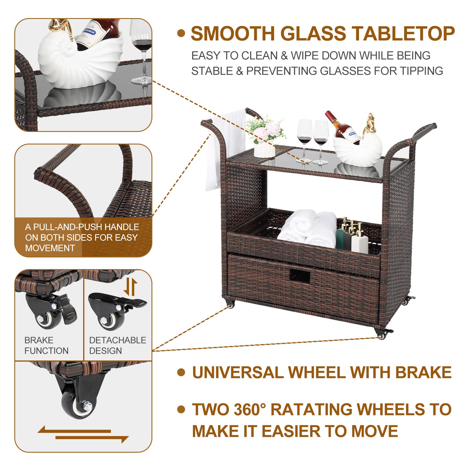 Outvita Outdoor Rolling Wicker Bar Cart with Storage Basket & Lockable Wheels - Rattan Beverage Cart with Glass Top for Patio, Poolside, Garden Parties & Home Entertaining