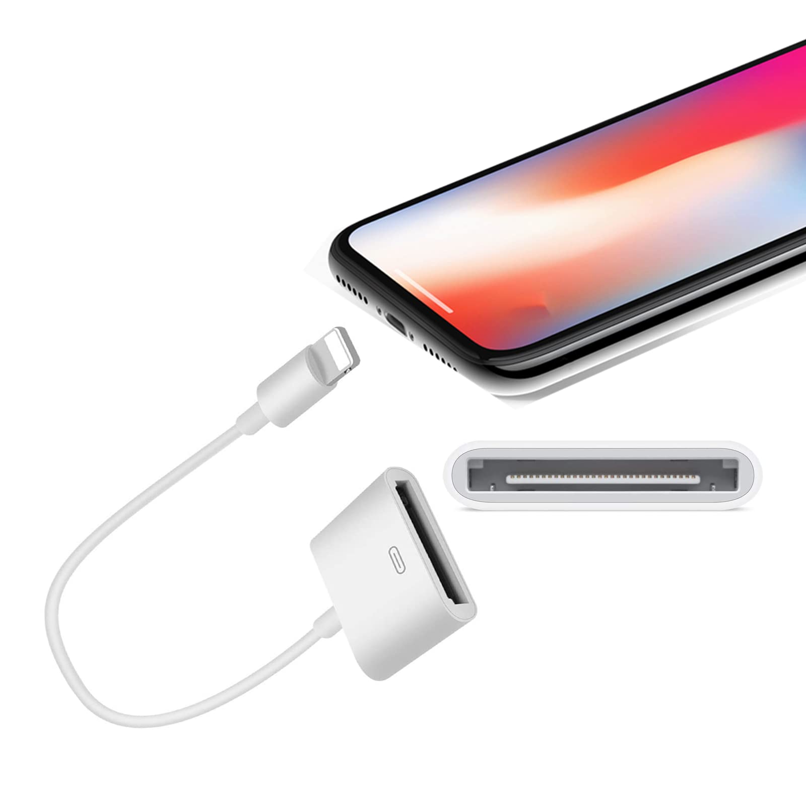30 Pin to Lightning Adapter - 8-Pin Male to 30-Pin Female Connector Converter with Charging Cable - Compatible with iPhone 14/13/12/11/X/8/7/6/5/4S/4/3 & iPad/iPod - White - Perfect for Home, Office & Car Charging