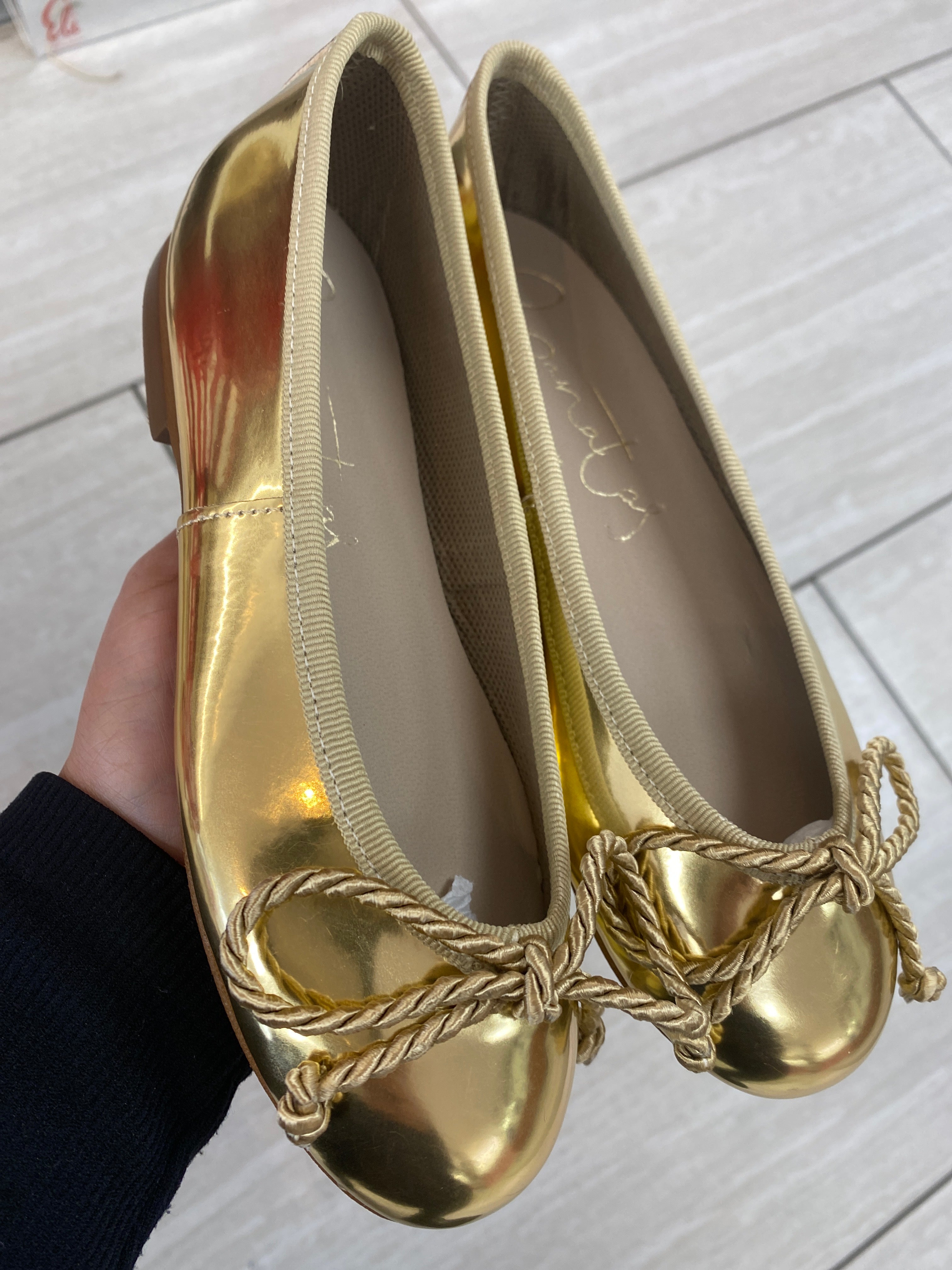 Papanatas Gold Mirror Bow Flat Shoes - Elegant & Comfortable Women's Flats for Casual Wear, Office & Party Occasions