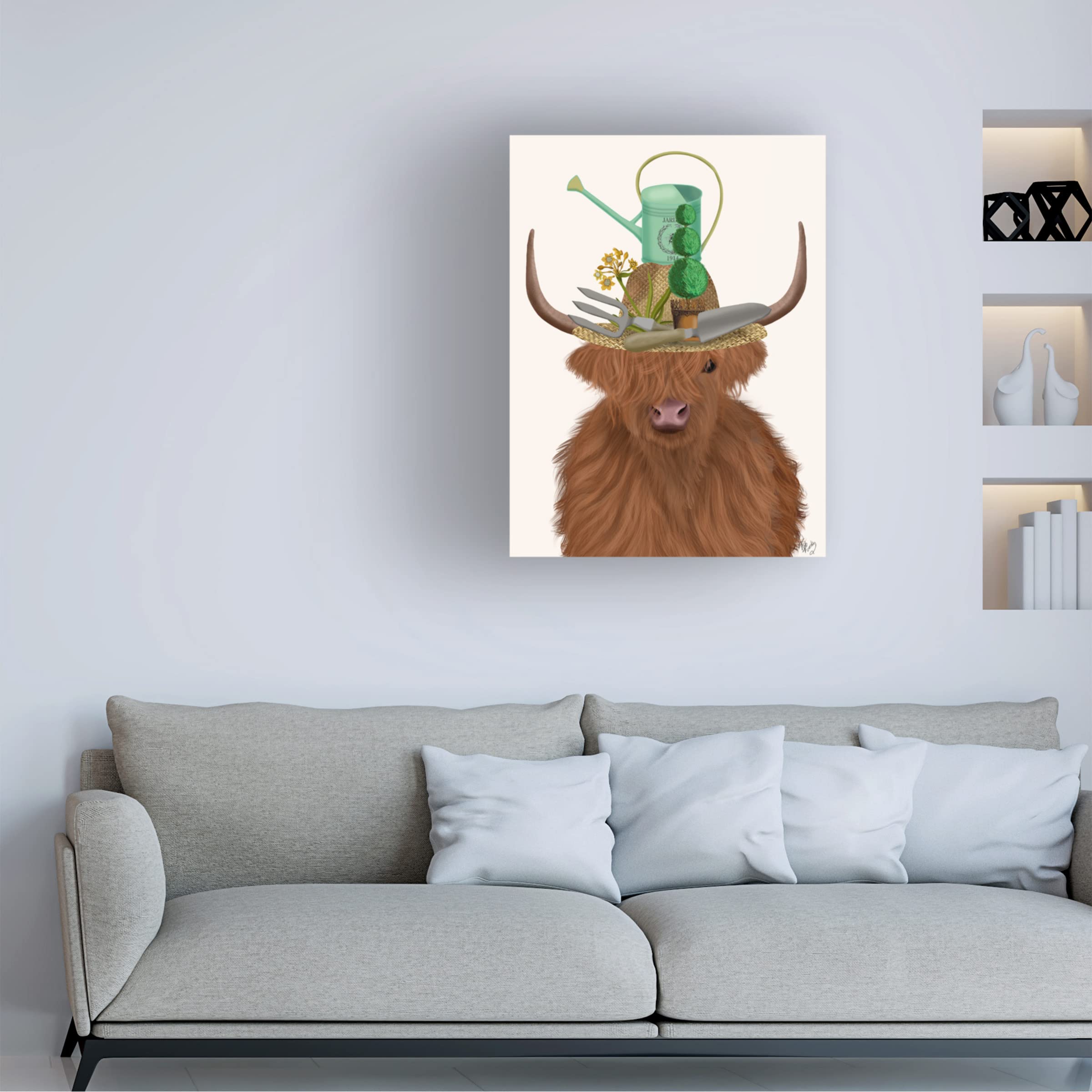 Trademark Fine Art 'Highland Cow and Gardener's Hat' Canvas Wall Art by Fab Funky - Perfect for Living Room, Bedroom & Office Decor