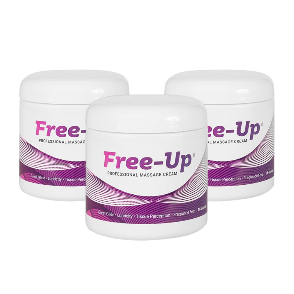 Free-Up Professional Massage Cream - Fragrance-Free, Non-Greasy Formula with Superior Glide & Lubricity - 16 Oz Jar (3 Pack) - Ideal for Physical Therapy, Deep Tissue Massage & Spa Treatments