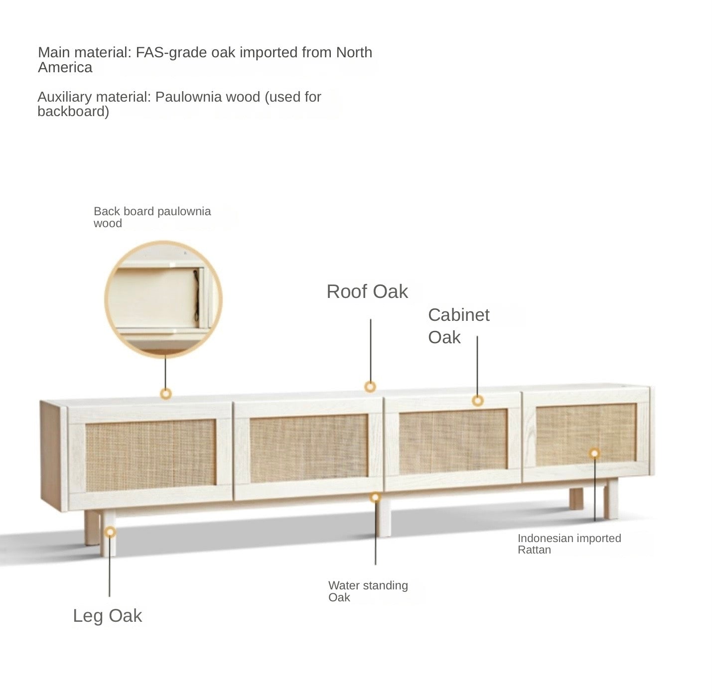 Solid Oak Wood Rattan TV Stand with LED Lights - Modern Cream Style Entertainment Center for Living Room, Bedroom & Home Theater