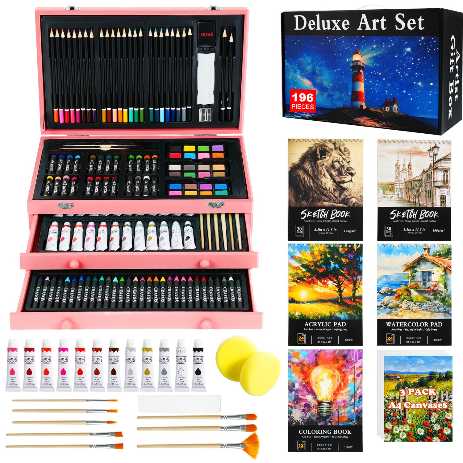 196-Piece Deluxe Art Kit with Acrylic Paints, Oil Pastels, Crayons & Colored Pencils - Includes 5 Drawing Pads & Canvases in Wooden Storage Box - Perfect Gift for Kids, Teens & Adult Beginners - Ideal for Home, School & DIY Art Projects