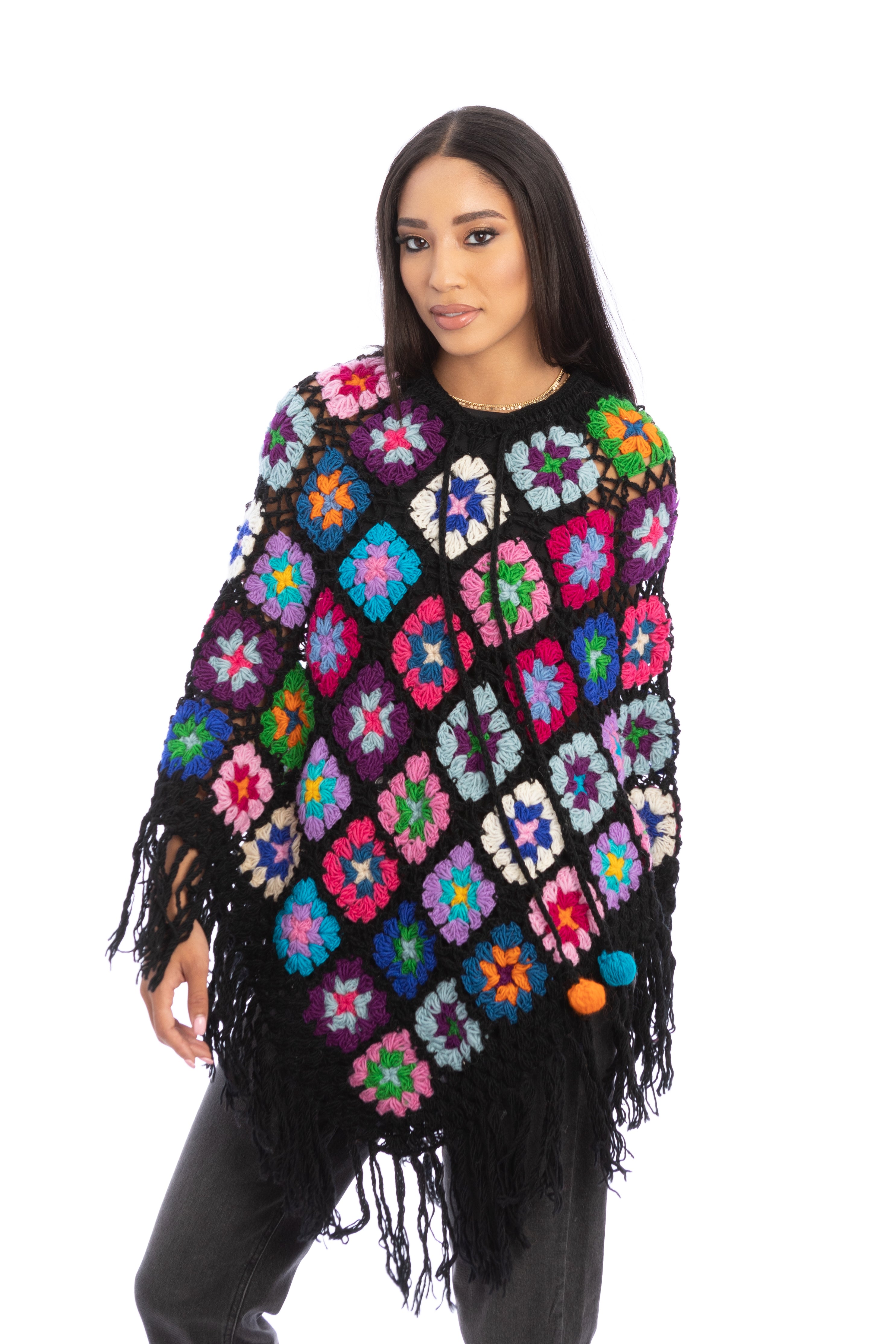Stylish Crochet Fringe Sweater Poncho for Women - Boho Chic Knit Cardigan Wrap - Perfect for Fall Fashion, Beach Cover Up & Cozy Lounge Wear