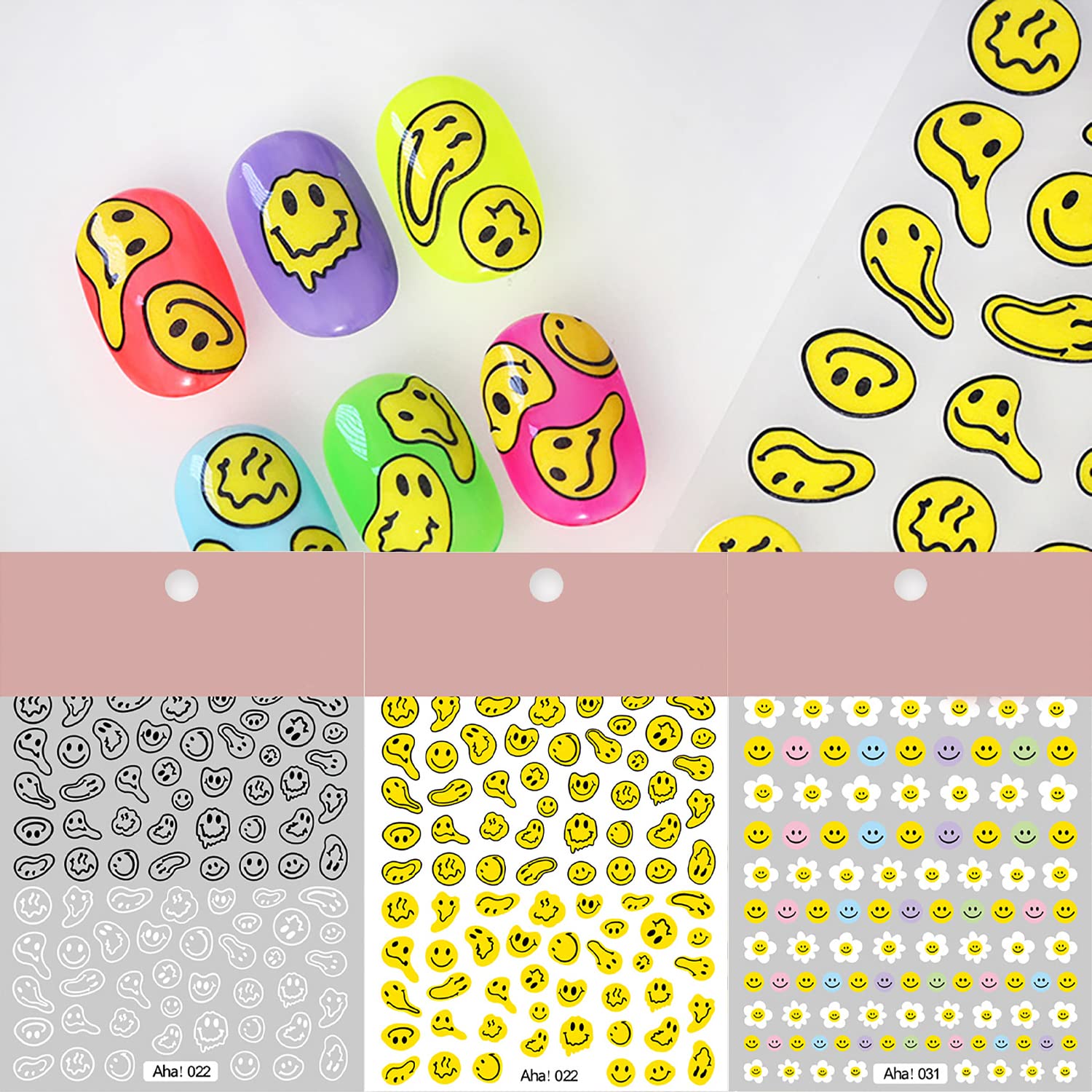 3D Self-Adhesive Abstract Smile Face Nail Art Stickers - Fashionable Yellow Black & White Twisted Design for DIY Nail Decoration (3 Sheets) | Perfect for Parties, Holidays & Everyday Glamour for Women, Girls & Kids