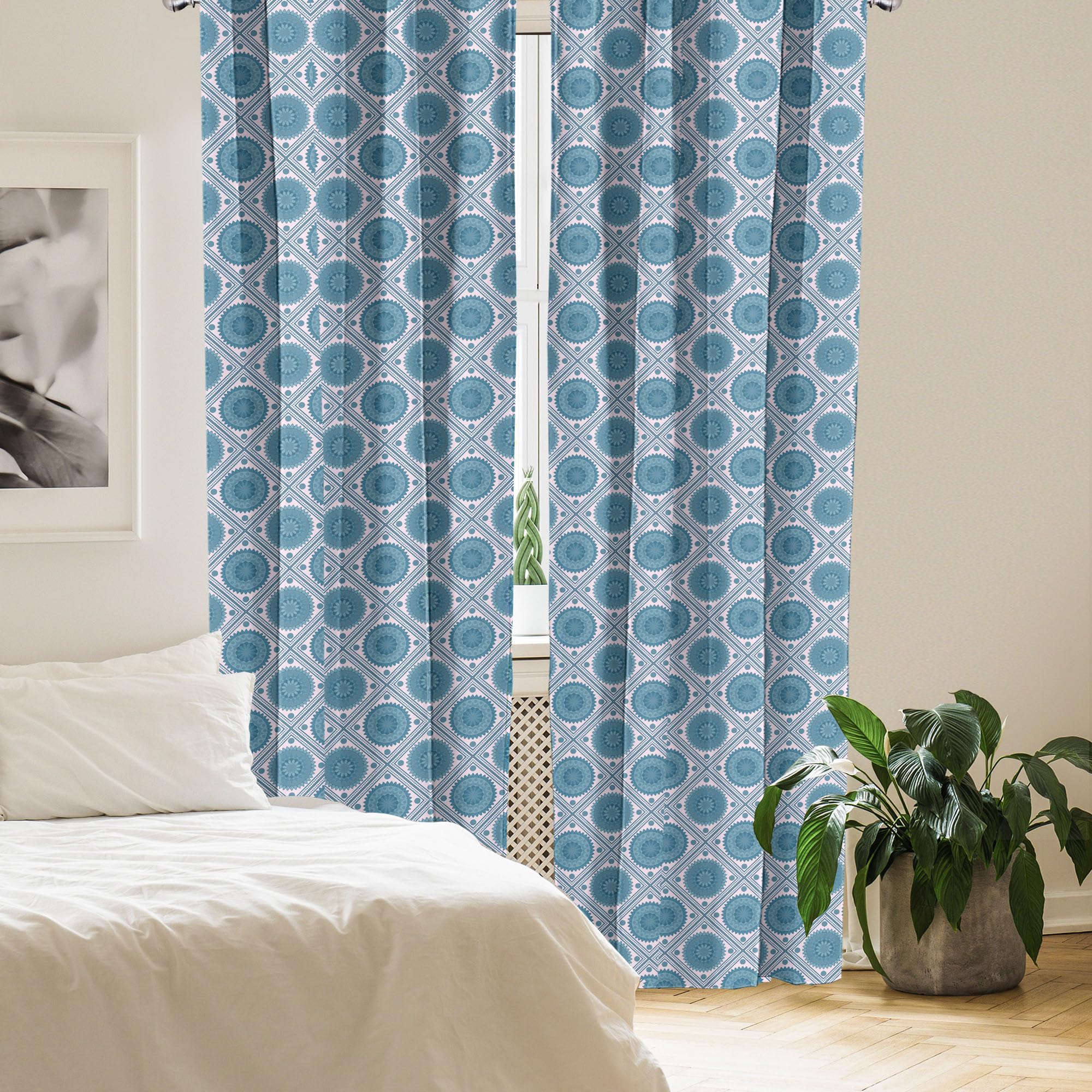 Ambesonne Blue Mandala Window Curtains - Geometric Rhombus Checkered Bohemian Style with Floral Motifs & Dots - Lightweight Blackout Drapes 2-Panel Set (28