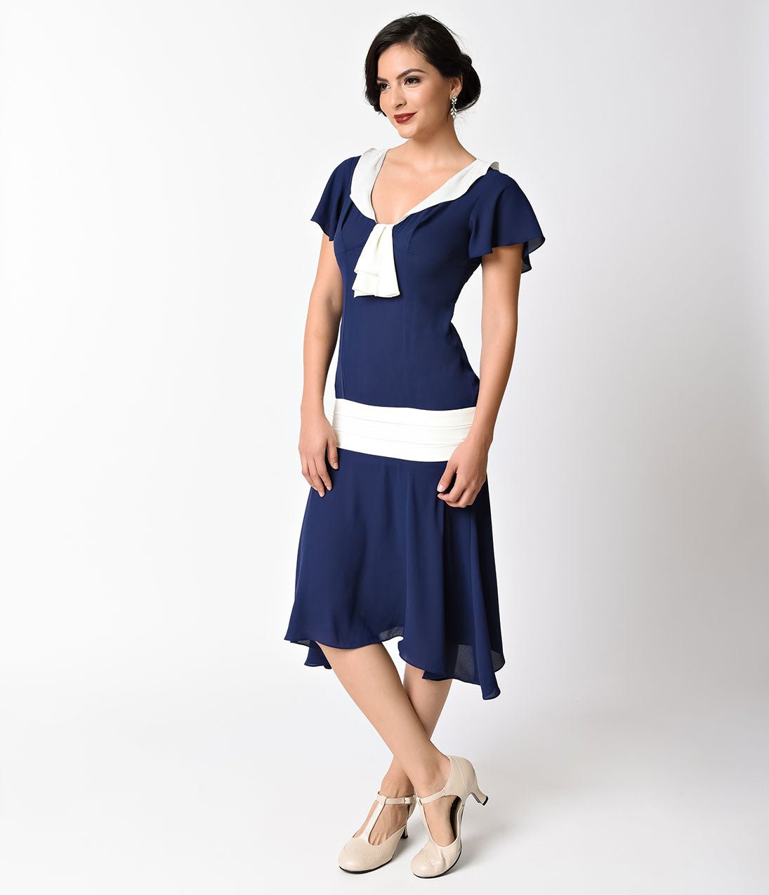 Vintage 1920s Navy Blue & Ivory Wilshire Flapper Day Dress - Retro 20s Gatsby Party Costume, Roaring Twenties Theme Outfit for Women