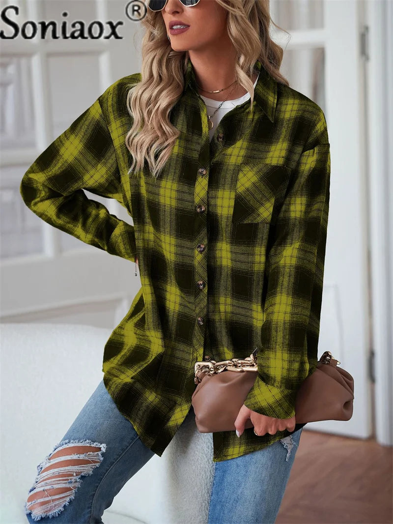 Women's Flannel Plaid Shirt - Soft Loose Fit Long Sleeve Button Down Blouse with Pockets | Casual Fall & Winter Layering Top for Outdoor Activities, Work & Everyday Wear