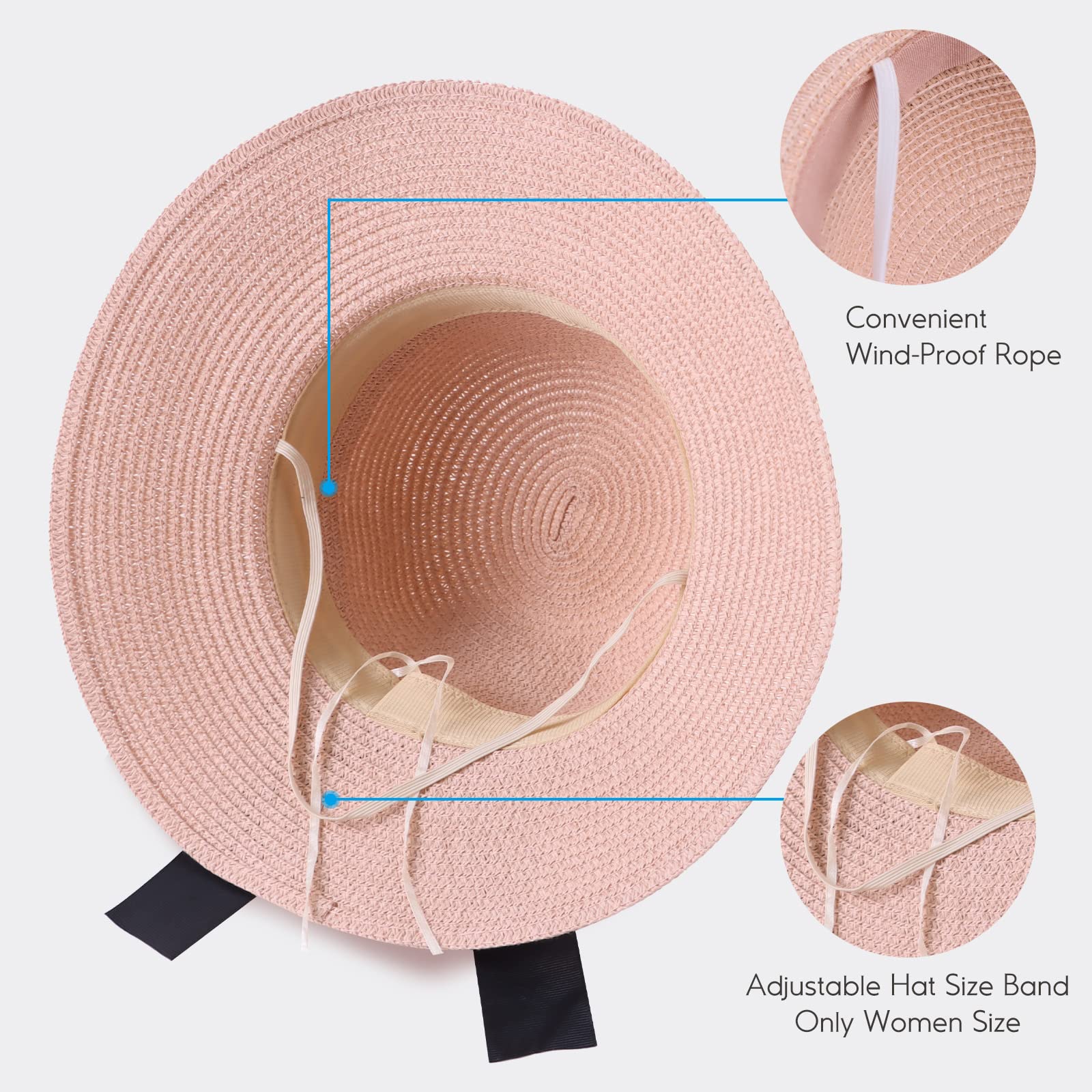 Zsedrut Women's & Girls' Straw Sun Hat - Wide Brim Summer Beach Hat with Bow, Foldable Floppy Visor for Outdoor, Travel & Vacation