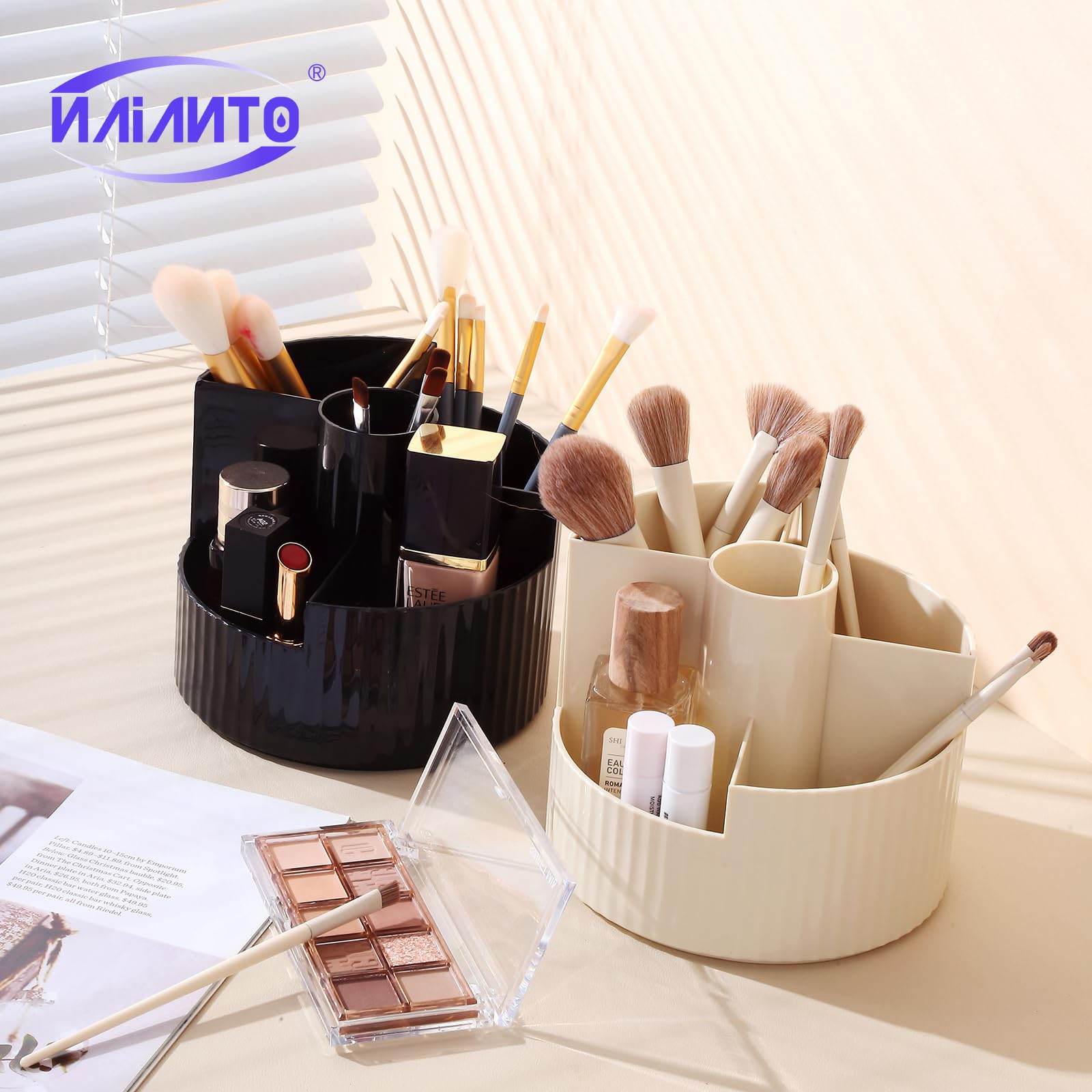 360° Rotating Makeup Organizer for Vanity | Cosmetic Storage Organizer with Brush Holder | Skincare & Lipstick Display Tray (Black) | Perfect for Bedroom Dresser, Bathroom Counter & Beauty Salon Organization
