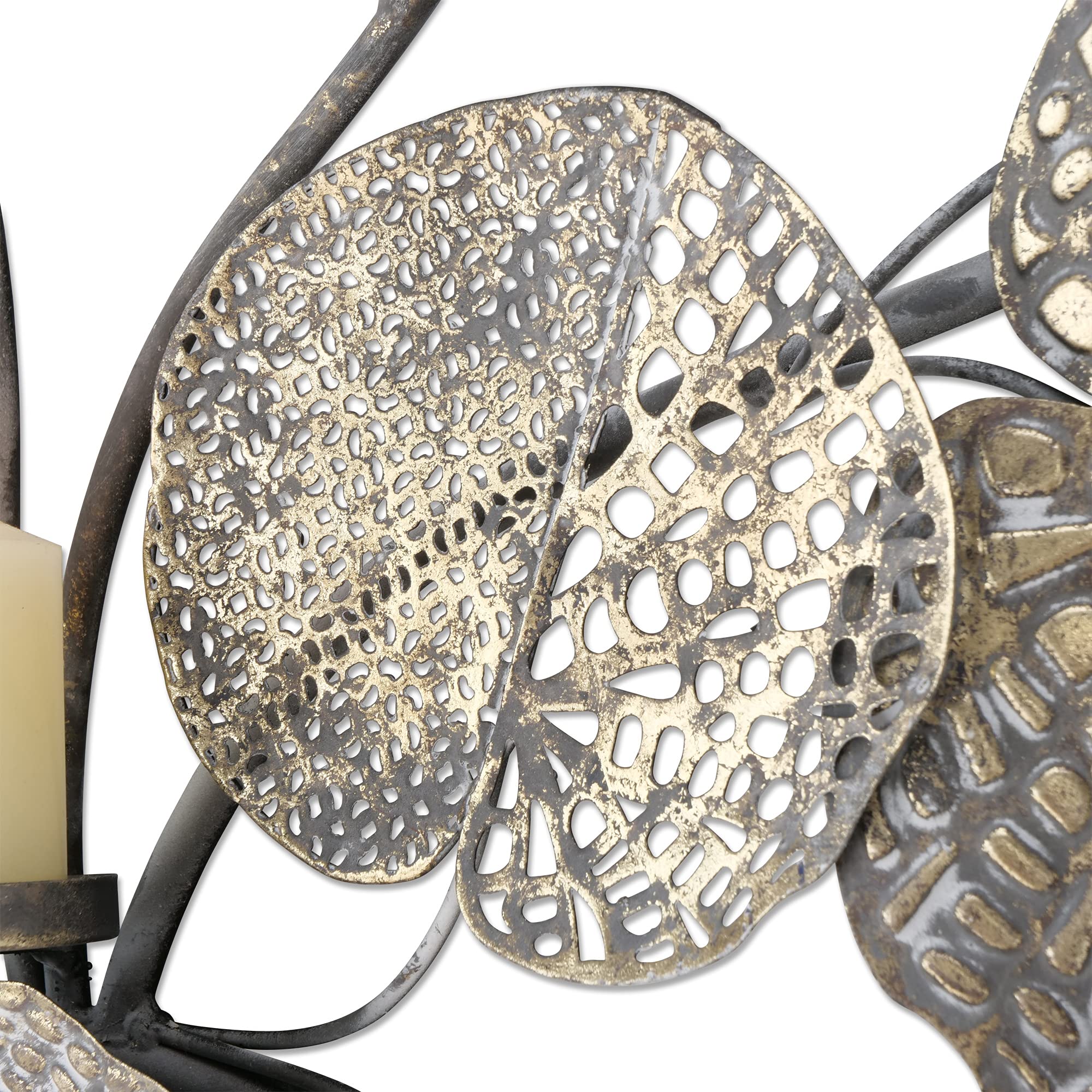 Modernist Botanical Metal Wall Art Sculpture - 4 Candle Abstract Bas Relief with 21 Layered Leaves, Tonal Gold Gilt & Antique Silver Finish, Hand-Welded Patina Decor (41.25x28.25 Inches) - Perfect for Living Room, Bedroom, or Office Decoration