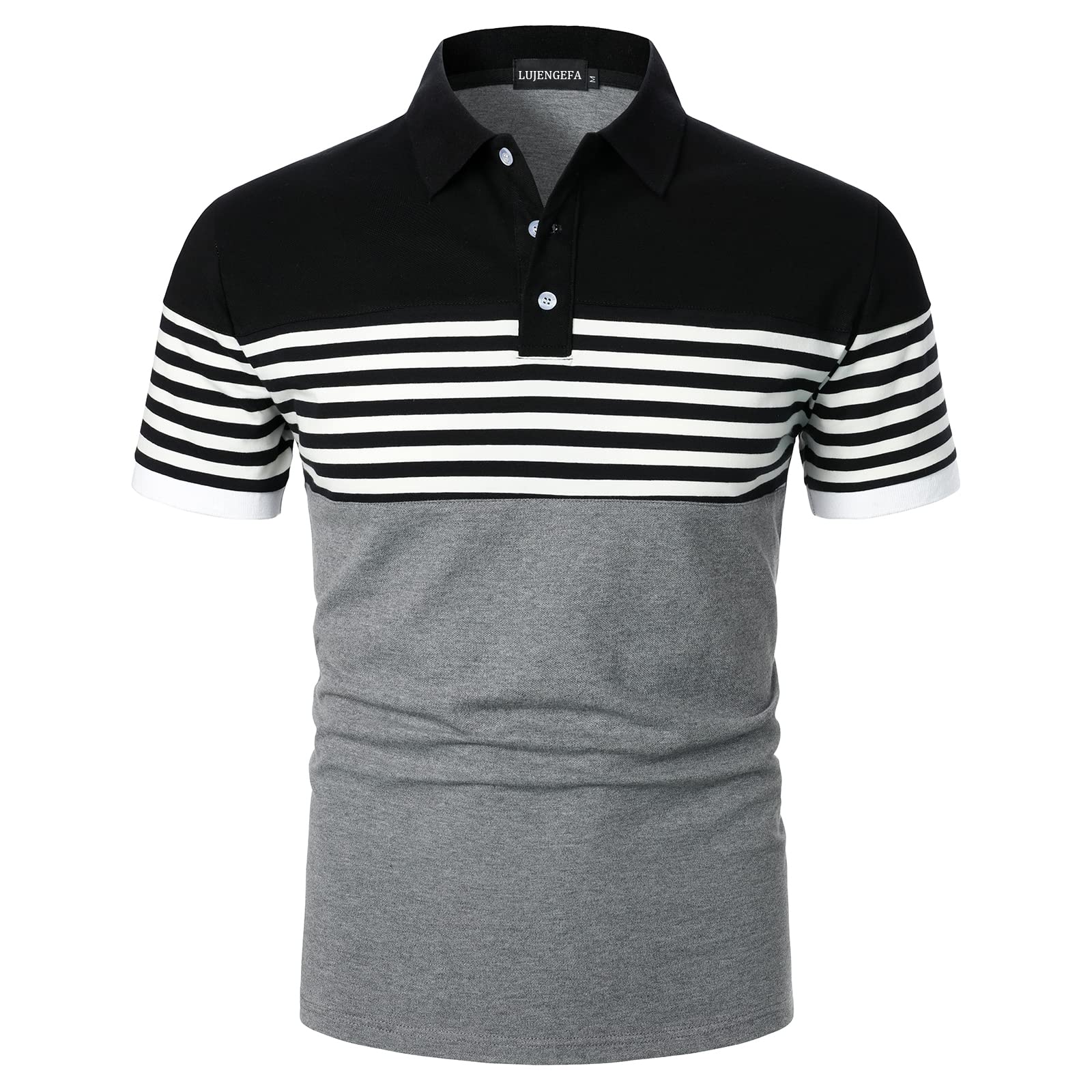 LUJENGEFA Men's Slim Fit Striped Polo Shirts - Breathable Cotton Short Sleeve Golf Shirt for Casual & Summer Wear - Perfect for Office, Golfing and Outdoor Activities