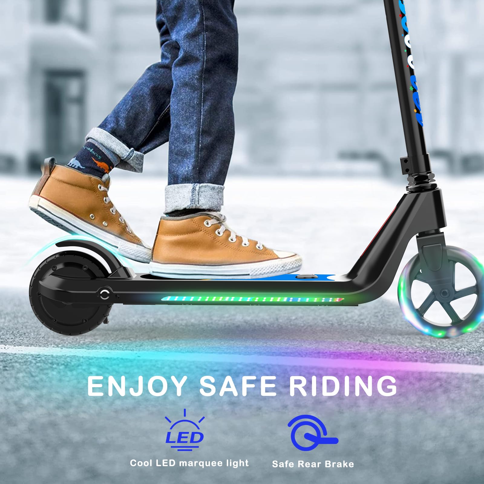 Best Electric Scooter for Kids Ages 6-10 - Adjustable Speed & Height Kick Scooter with LED Wheel & Deck Lights - Perfect for Commuting to School, Park Rides & Neighborhood Fun