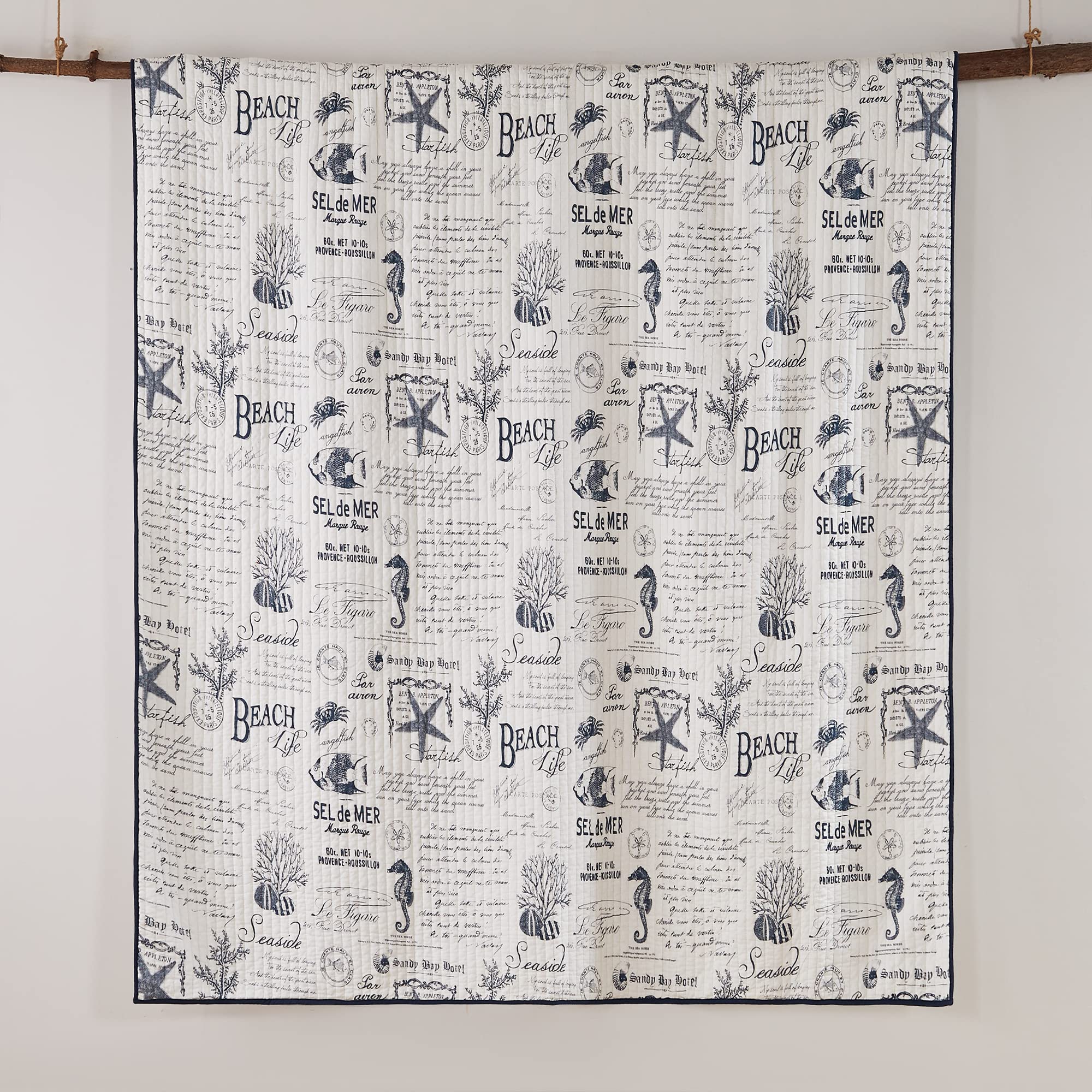 Levtex Home Beach Life King Size Cotton Quilt Set - Navy Blue Coastal Bedding for Master Bedroom & Guest Room | Soft Breathable Quilt Cover for Summer & Beach House Decor