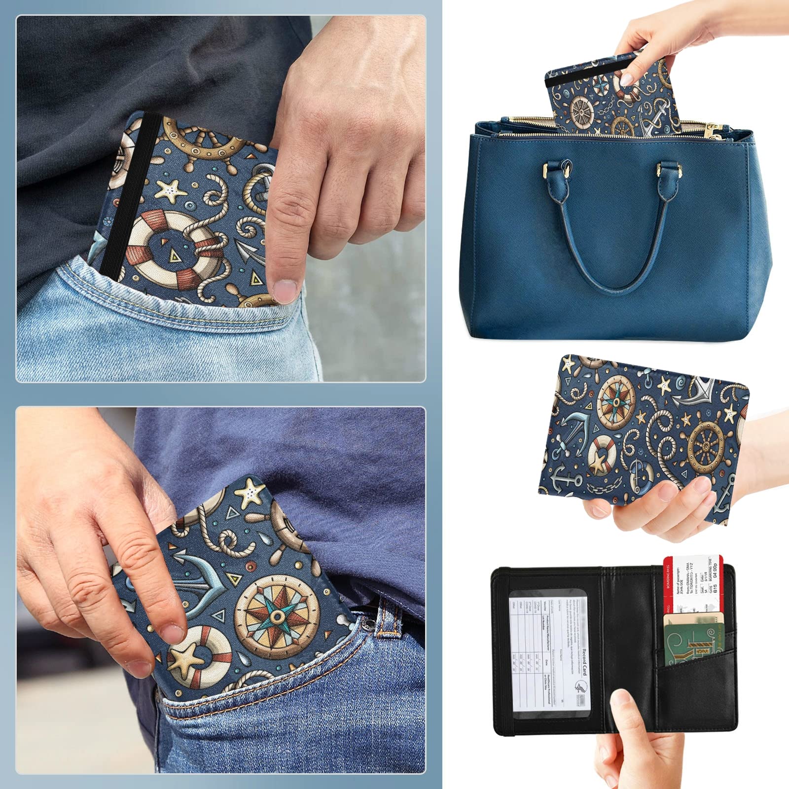Adorable Cartoon Hand-Drawn Nautical Passport Holder & Vaccine Card Set - Waterproof Travel Wallet for Men & Women - Perfect for Airports, Cruises and International Trips