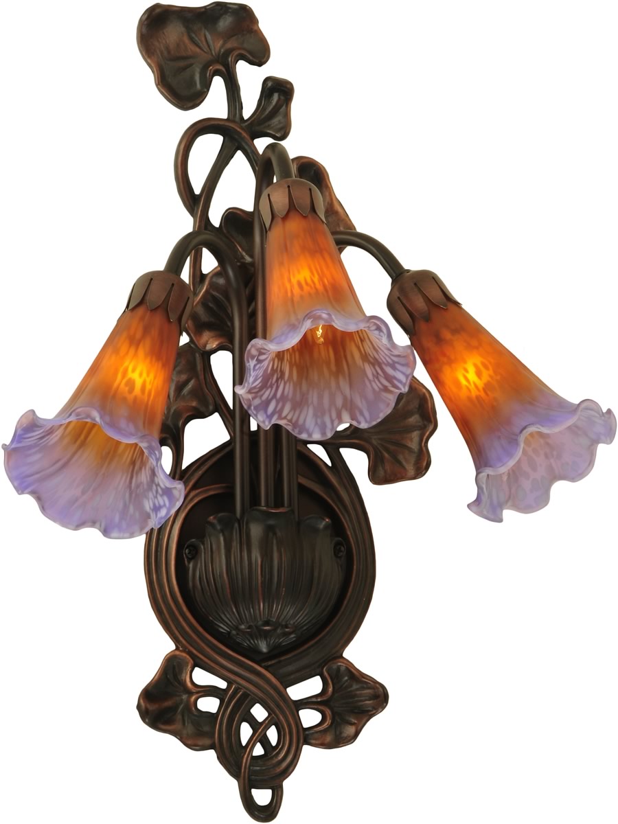 11W Amber and Purple Pond Lily 3-Light Wall Sconce in Mahogany Bronze - Perfect for Bedroom, Living Room, and Hallway Lighting Decor