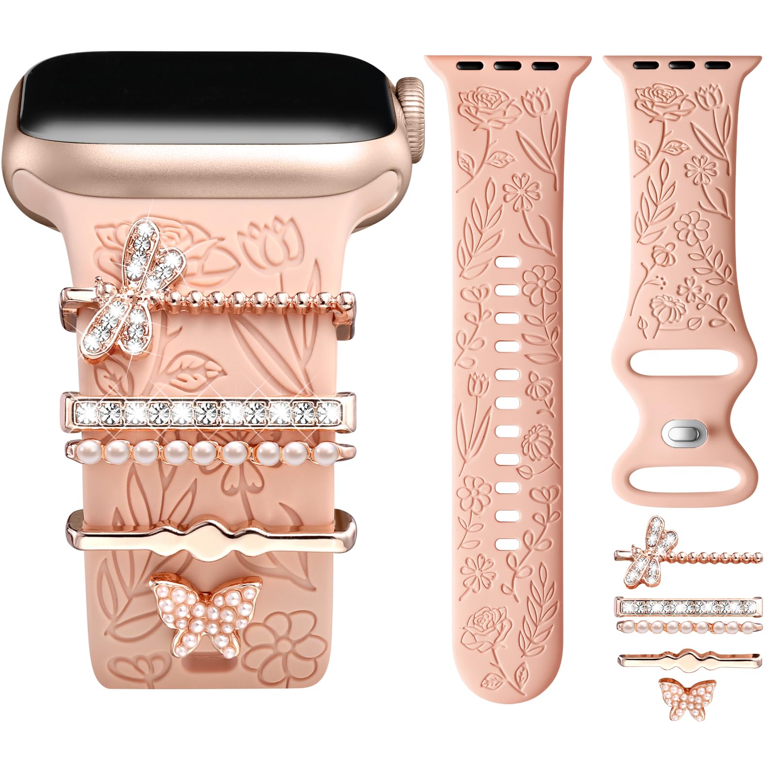 DaQin Floral Engraved Silicone Band Compatible with Apple Watch 38mm 40mm 41mm 42mm 44mm 45mm - Women's Fashion Strap with Charms for iWatch Series SE/1/2/3/4/5/6/7/8/9 - Perfect for Workouts, Office & Casual Wear