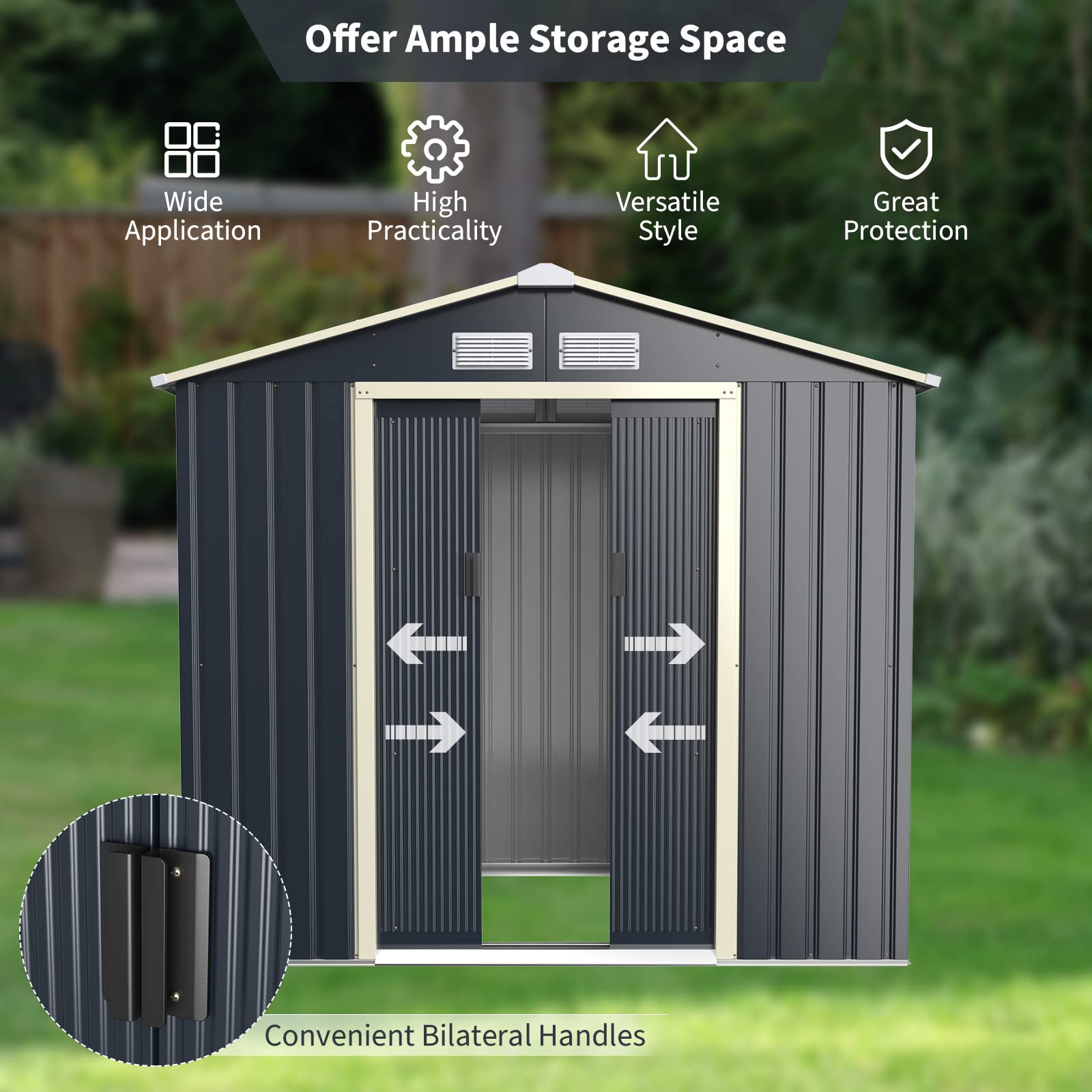 IRONMAX 7x4 FT Heavy Duty Outdoor Storage Shed - Galvanized Steel Garden Shed with Double Sliding Doors & Air Vent - Perfect for Lawn Mowers, Tools, Bikes & Backyard Equipment - Ideal for Patio, Lawn & Garden Storage Organization