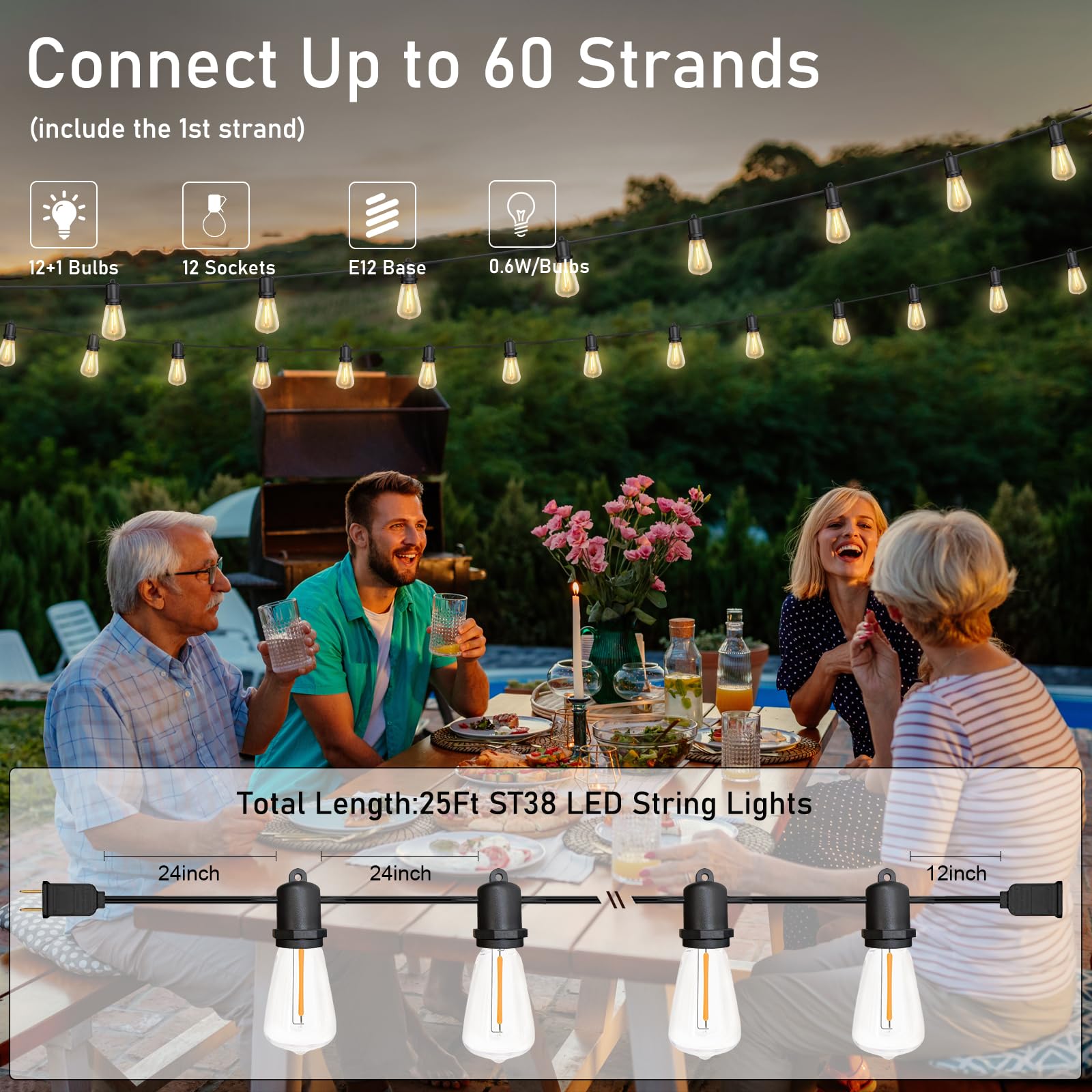 25Ft LED Outdoor String Lights with 13 Shatterproof Edison Bulbs (1 Spare Included) - Waterproof Commercial Grade Patio Lights for Porch, Deck, Backyard, Garden - Perfect for Weddings, Parties & Outdoor Decorations