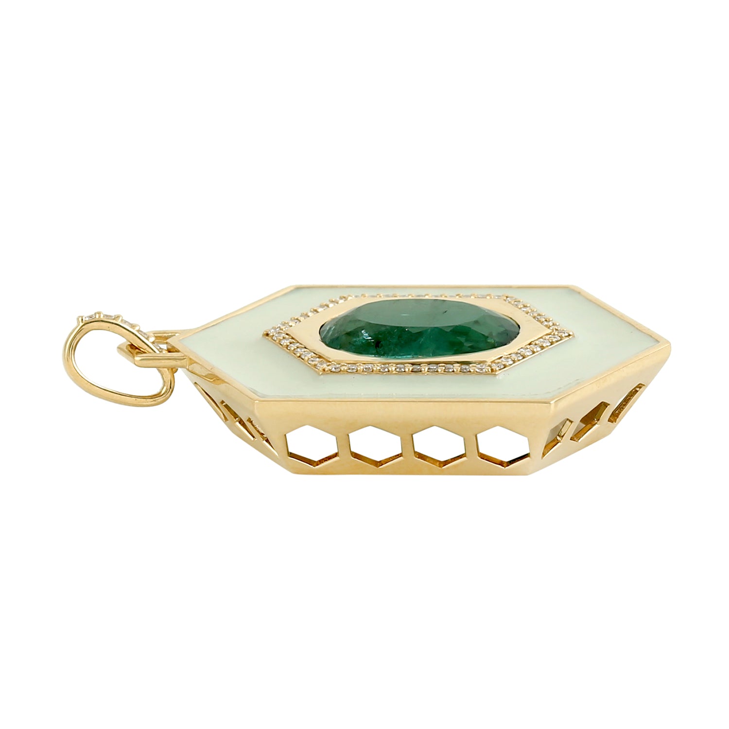 18K Yellow Gold Green Tourmaline Micro Pave Diamond Hexagon Enamel Pendant Necklace - Elegant Jewelry Gift for Women, Perfect for Weddings, Anniversaries & Special Occasions