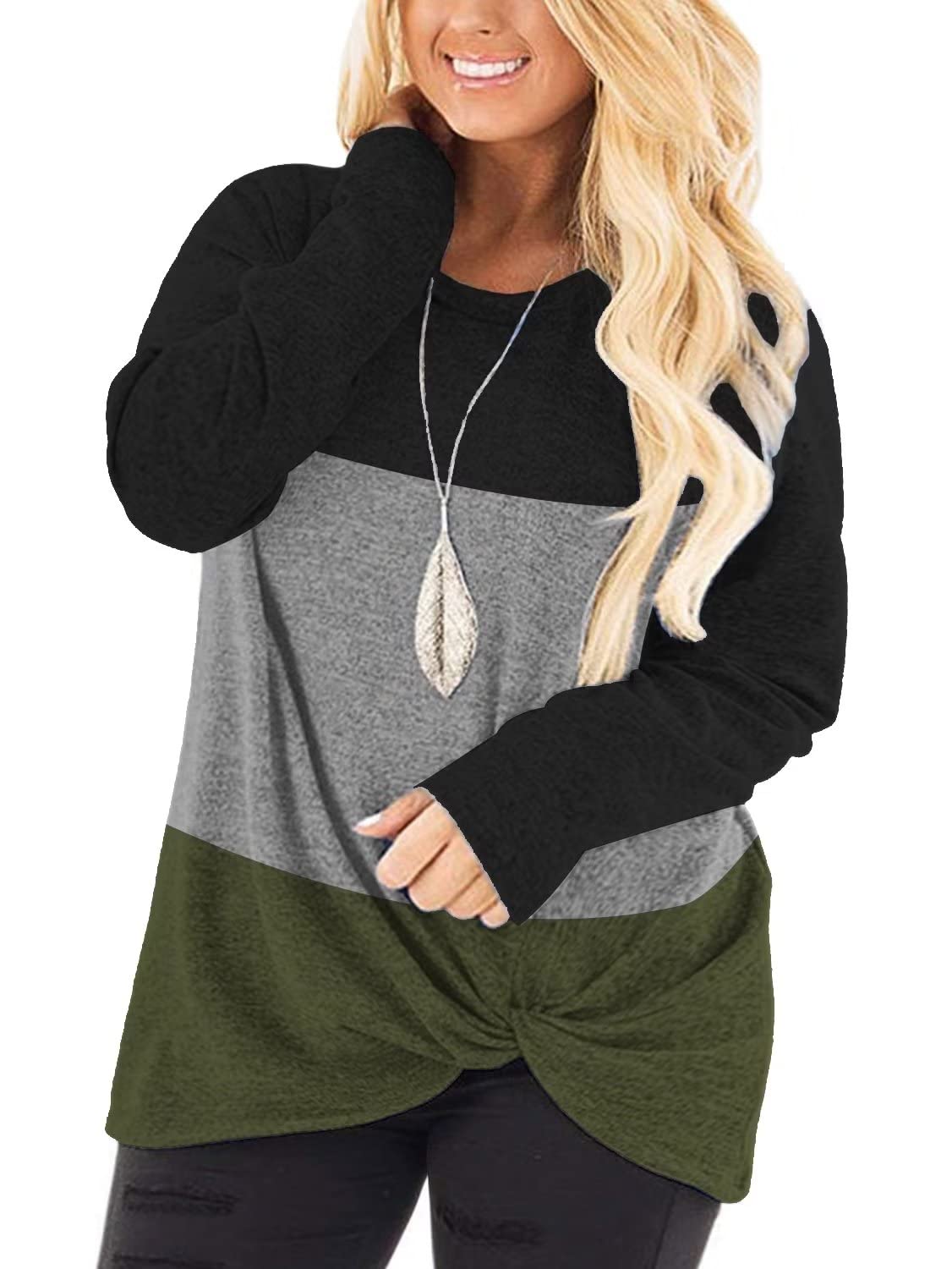 DOLNINE Women's Plus Size Knotted Tops Long Sleeve T-Shirts - Loose Casual Blouse for Women | Comfortable Stretchy Fabric for Everyday Wear, Work & Date Night Outfits