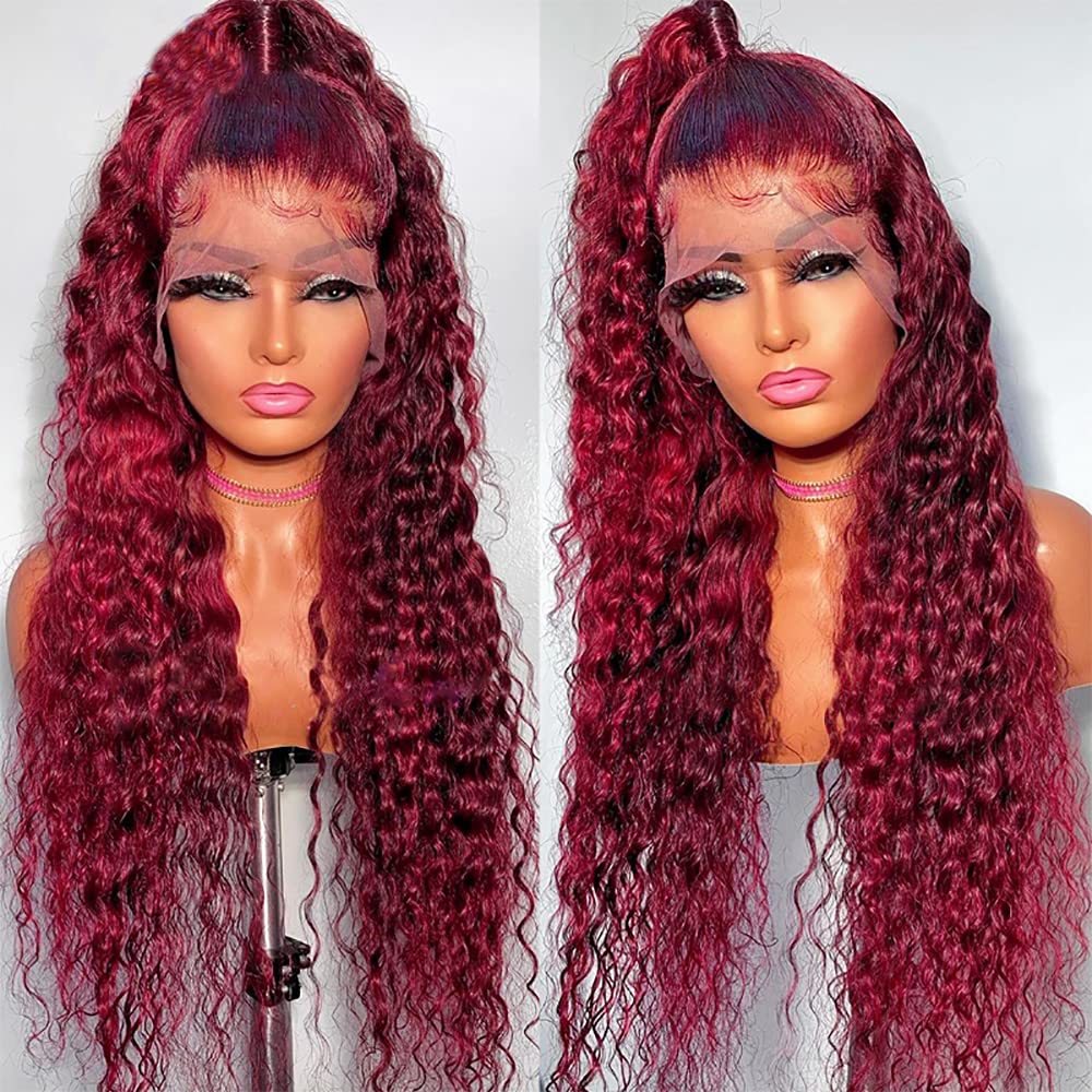 GIANNAY Burgundy Lace Front Wig - Long Water Wave Synthetic Lace Wig with Baby Hair & Pre-Plucked Hairline | Dark Red Loose Curly Full Wig for Black Women (24 Inch) | Perfect for Cosplay, Parties, Weddings & Daily Wear