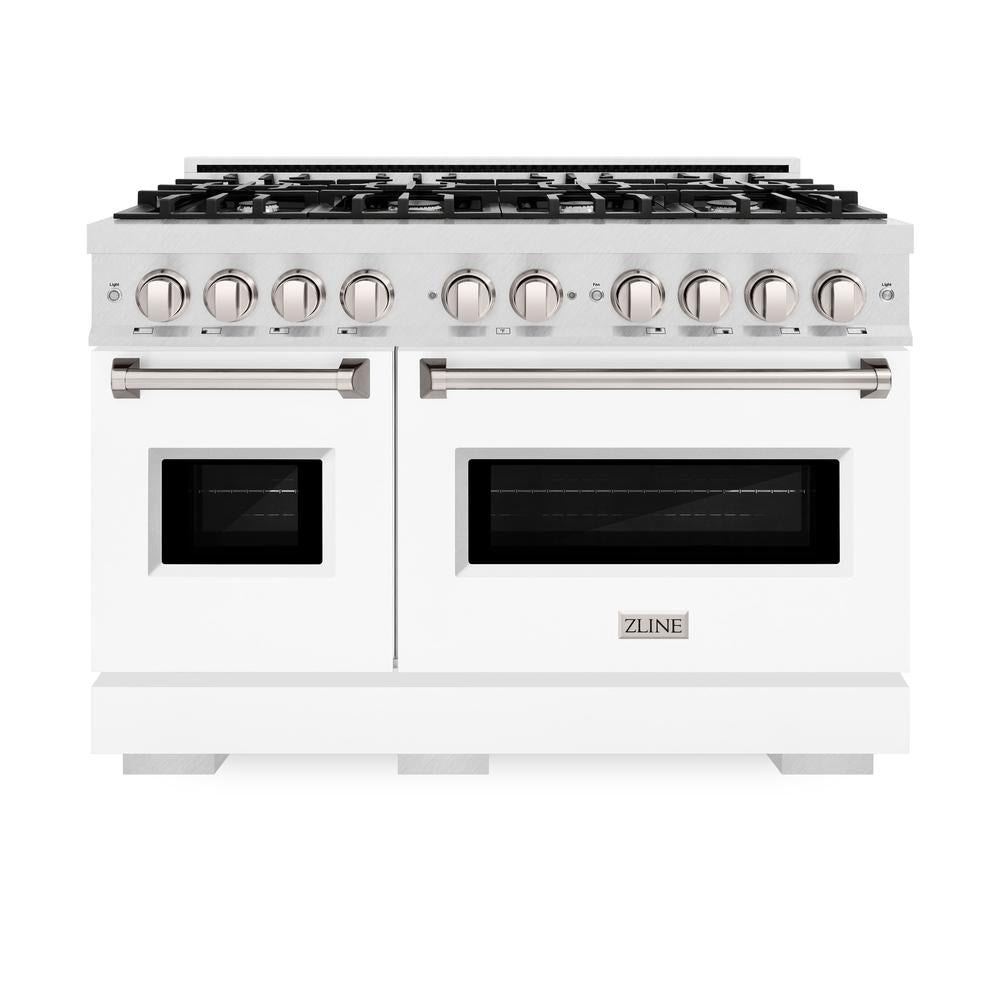 ZLINE 48-Inch 6.7 cu. ft. Dual Fuel Range with 8-Burner Gas Cooktop - Satin Stainless Steel & White Matte Doors (CDRS WM 48) - Perfect for Large Kitchens & Professional Cooking
